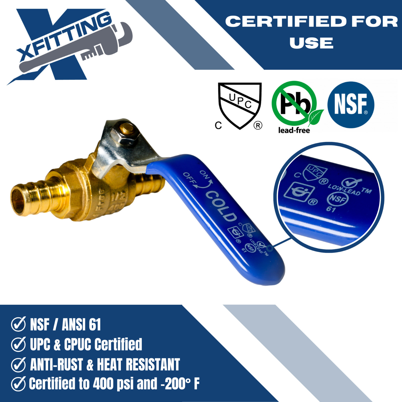 10 PCS. COLD (BLUE HANDLE) 1/2″ PEX SHUT OFF BALL VALVE, LEAD FREE BRASS, PEX B