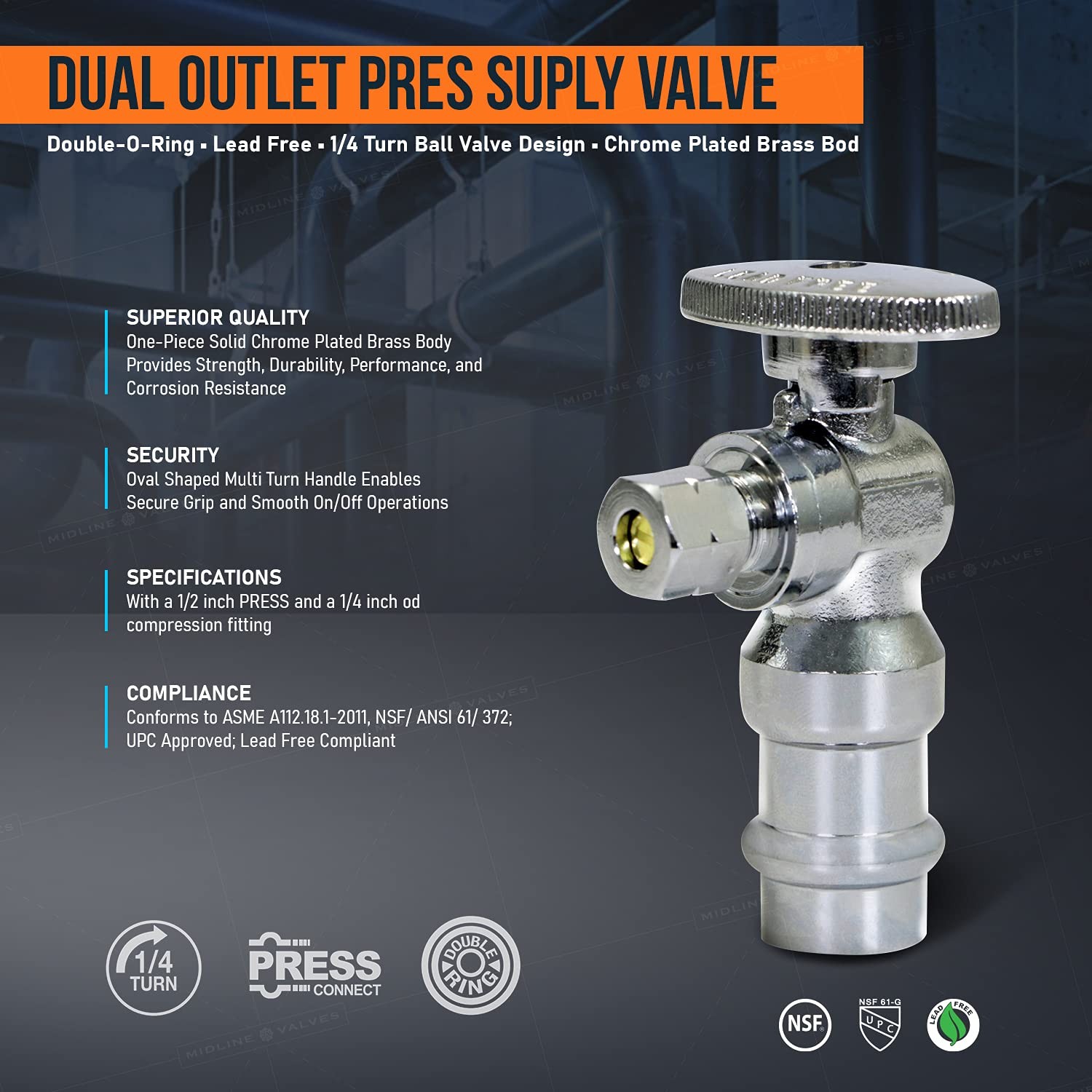 92325QSNLQ 1/4 Turn Press Angle Stop Valve 1/2 Press x 1/4 Inch OD Brass