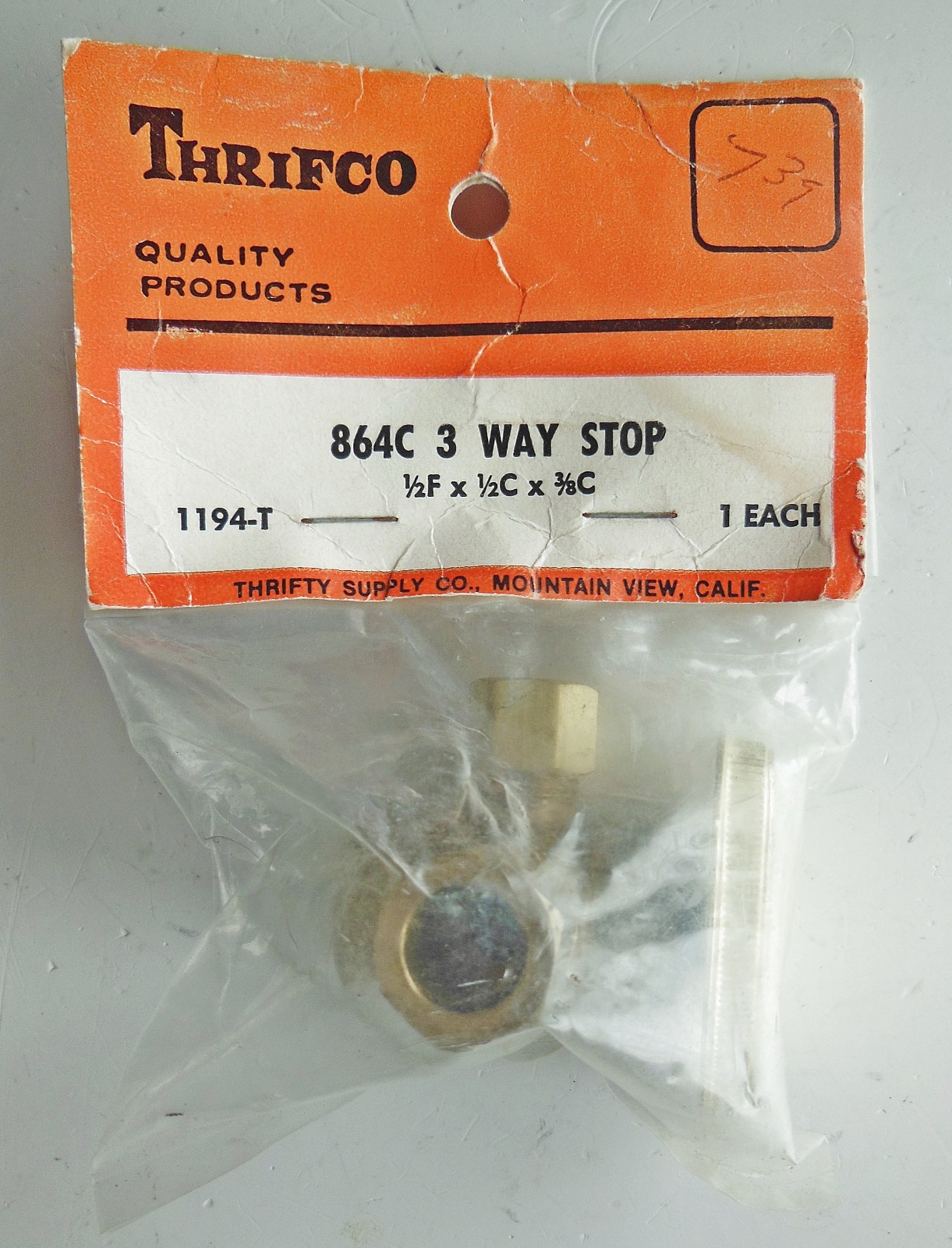 Thrifco Solid Brass 3-Way Stop Valve 864C, 1/2F x 1/2C x 3/8C, Made in USA, NOS
