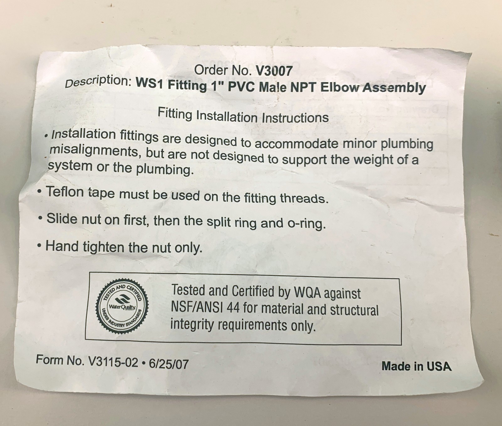 Clack WS1 V3007 PVC 1″ NPT Male Elbow Assembly – (V3007)