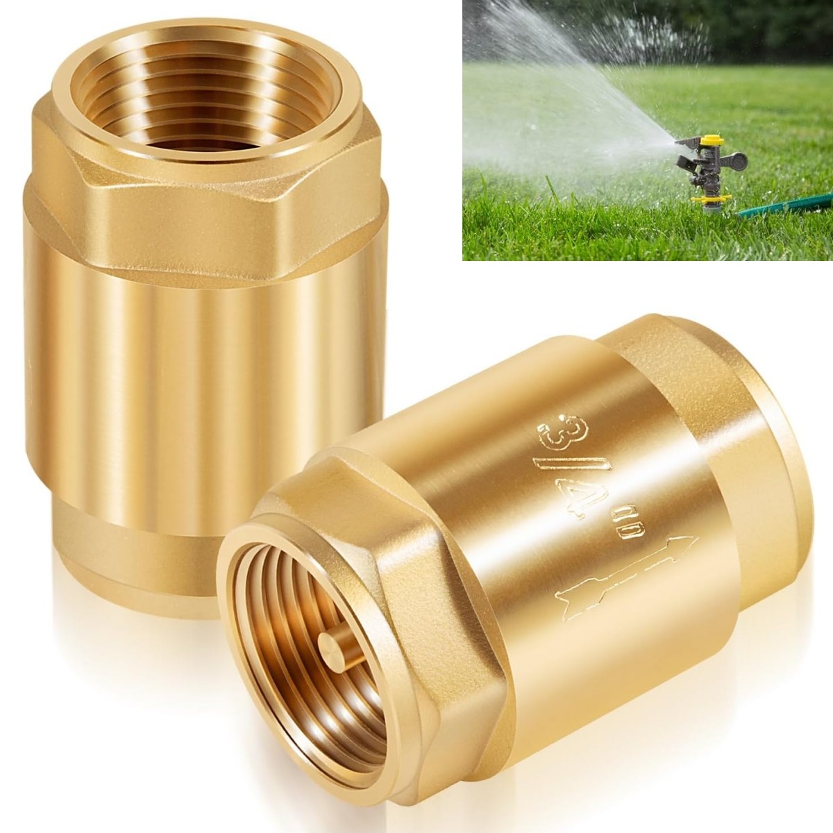 One Way Brass In-Line Check Valve, 3/4 Inch IPS for Water Supply System, 2 Pack