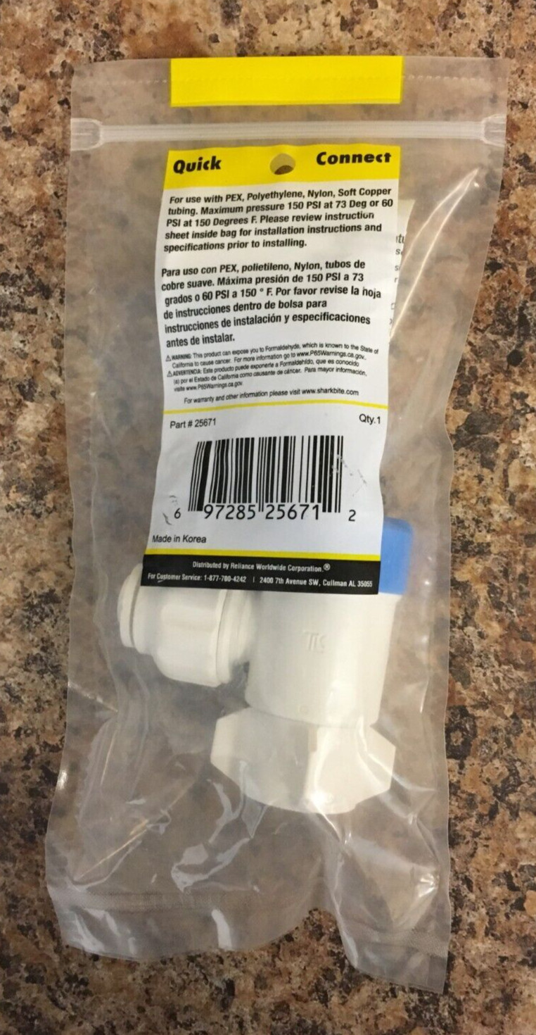 SharkBite 25671 Quick Connect 1/2″ FPT x 1/2″ FPT Plastic Angle Stop Valve