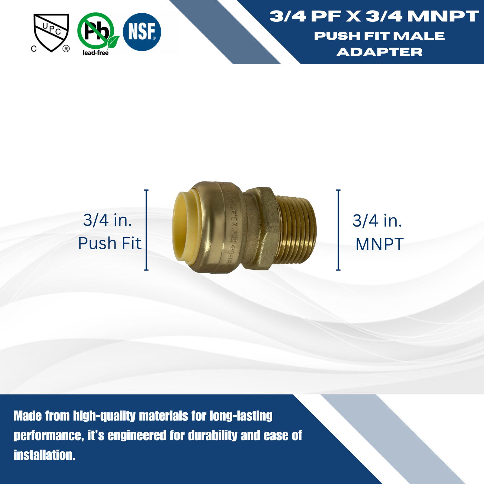 1 PC 3/4″ PUSH FIT X 3/4″ MNPT MALE THREADED ADAPTER WITH 1 FREE DISCONNECT CLIP