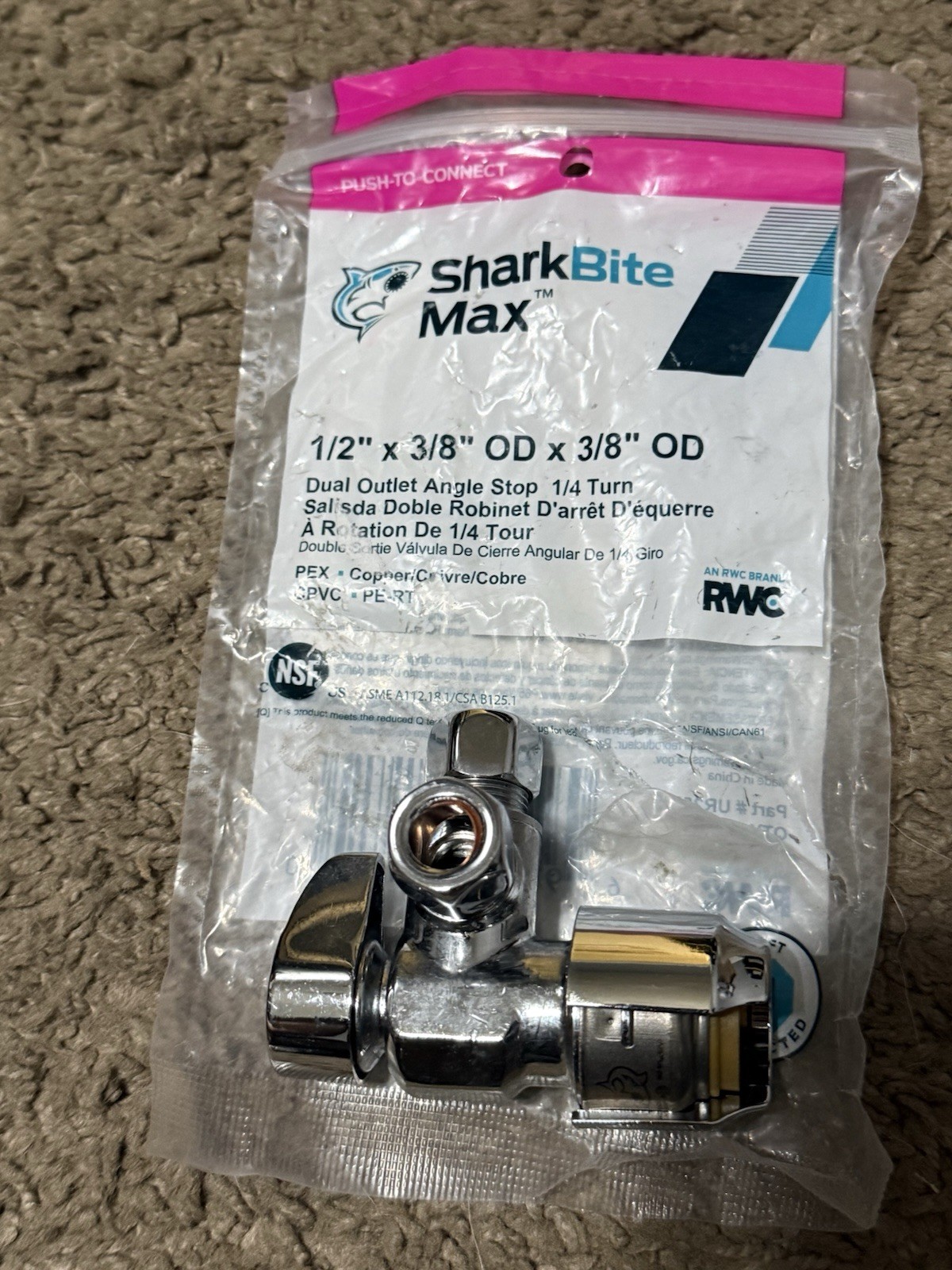 SharkBite UR25558 Dual-Outlet Angle Stop Valve, 1/2 x 3/8 x 3/8 Polished Chrome