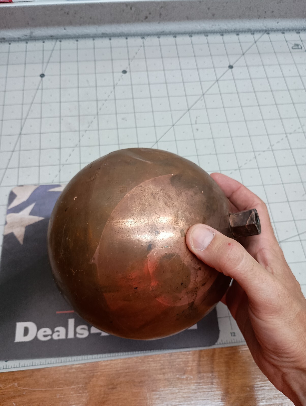 Copper Float Ball Round Copper 7 In 7″ 1/2 threaded nut has small dents, VGUC