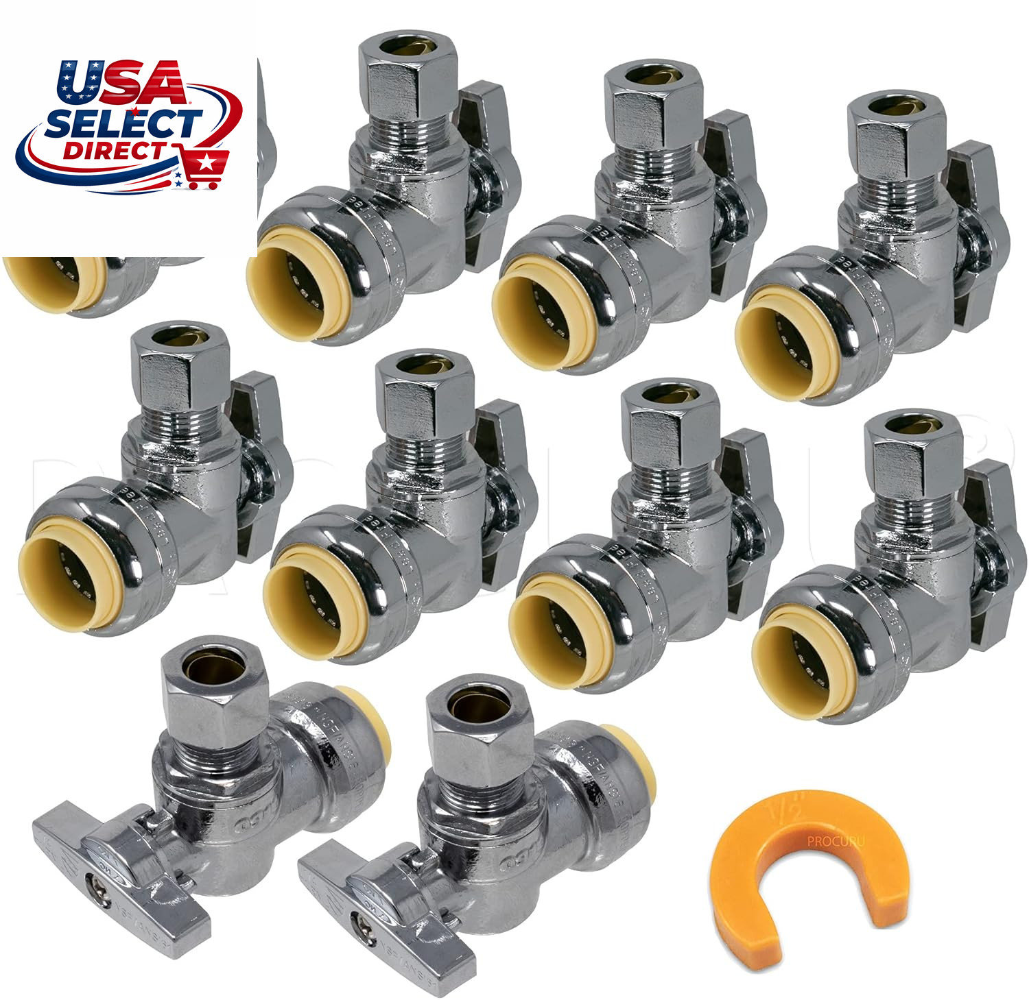 10-Pack Pushfit Angle Stop Valve 1/2″ x 3/8″ OD Brass Shutoff Valve