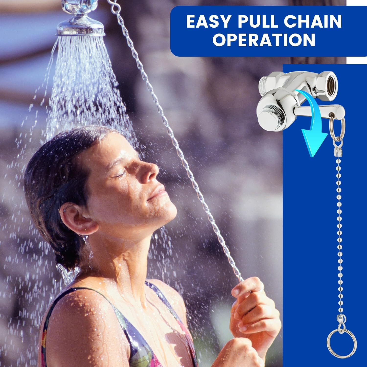 Self-Closing Shower Valve with Pull Chain, Chrome, Indoor or Outdoor Use