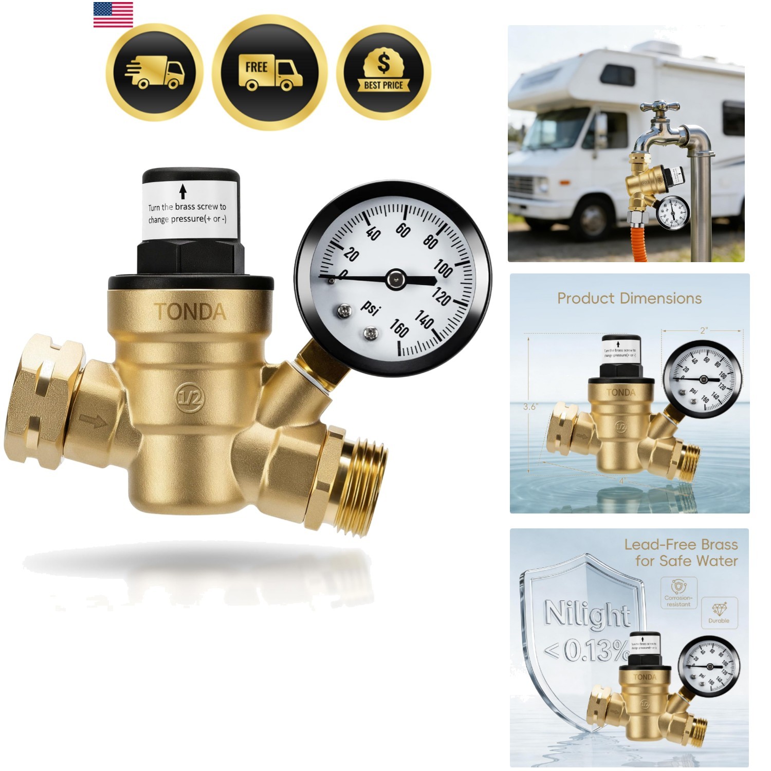 RV Water Pressure Regulator, Brass Lead-Free Adjustable Pressure Regulator wi…