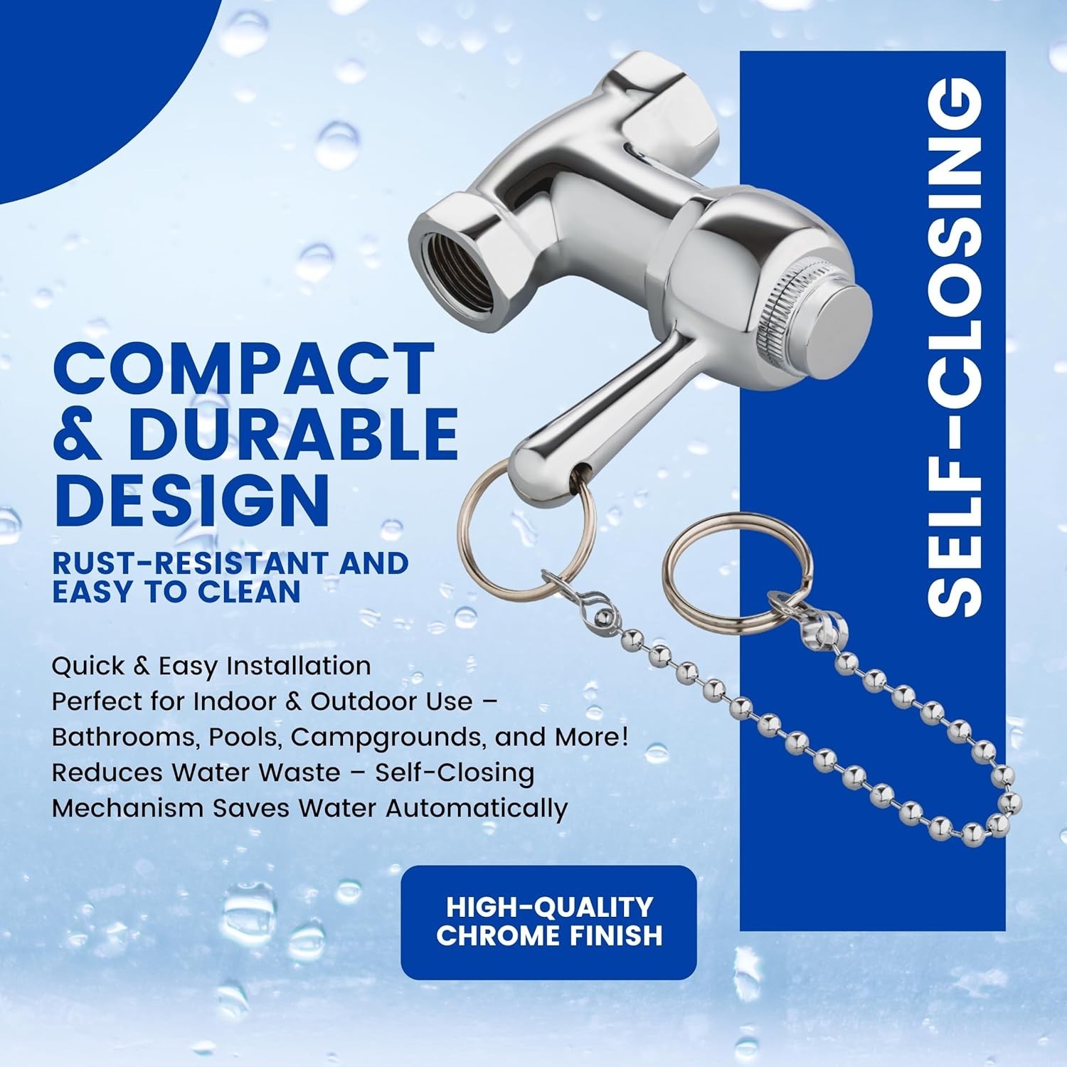 Self-Closing Shower Valve with Pull Chain, Chrome, Indoor or Outdoor Use