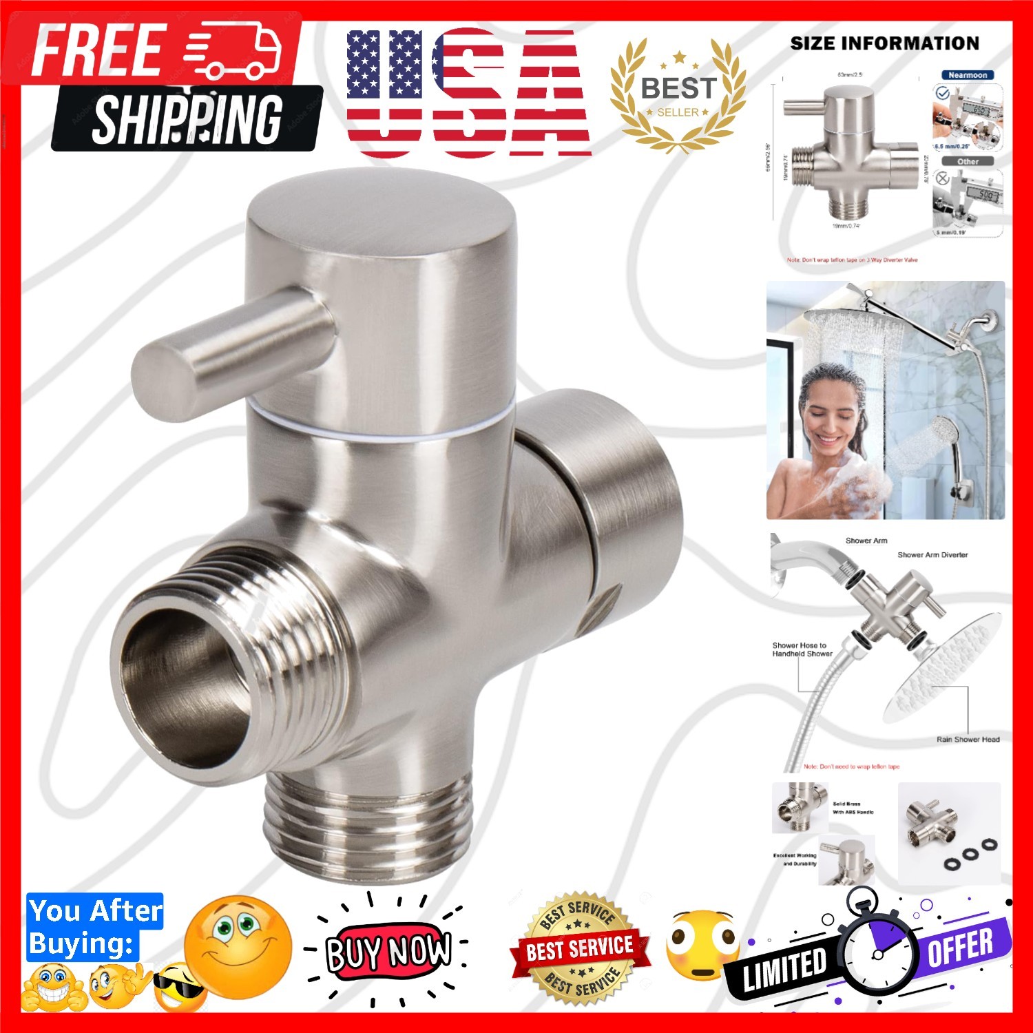 Solid Brass G1/2″ Shower Arm All Metal Universal 3-Way Diverter Valve for Han…