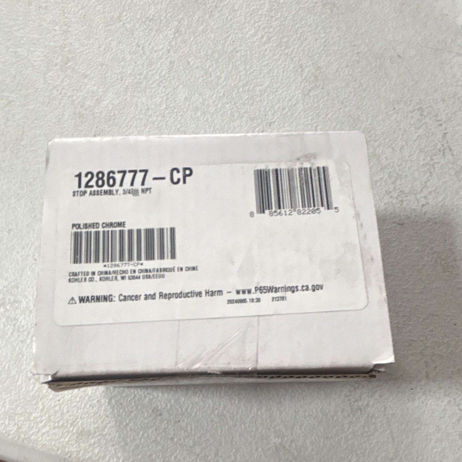 Kohler 1286777-CP Stop Valve Stop Assembly 3/4 in NPT 90° Elbow Chrome