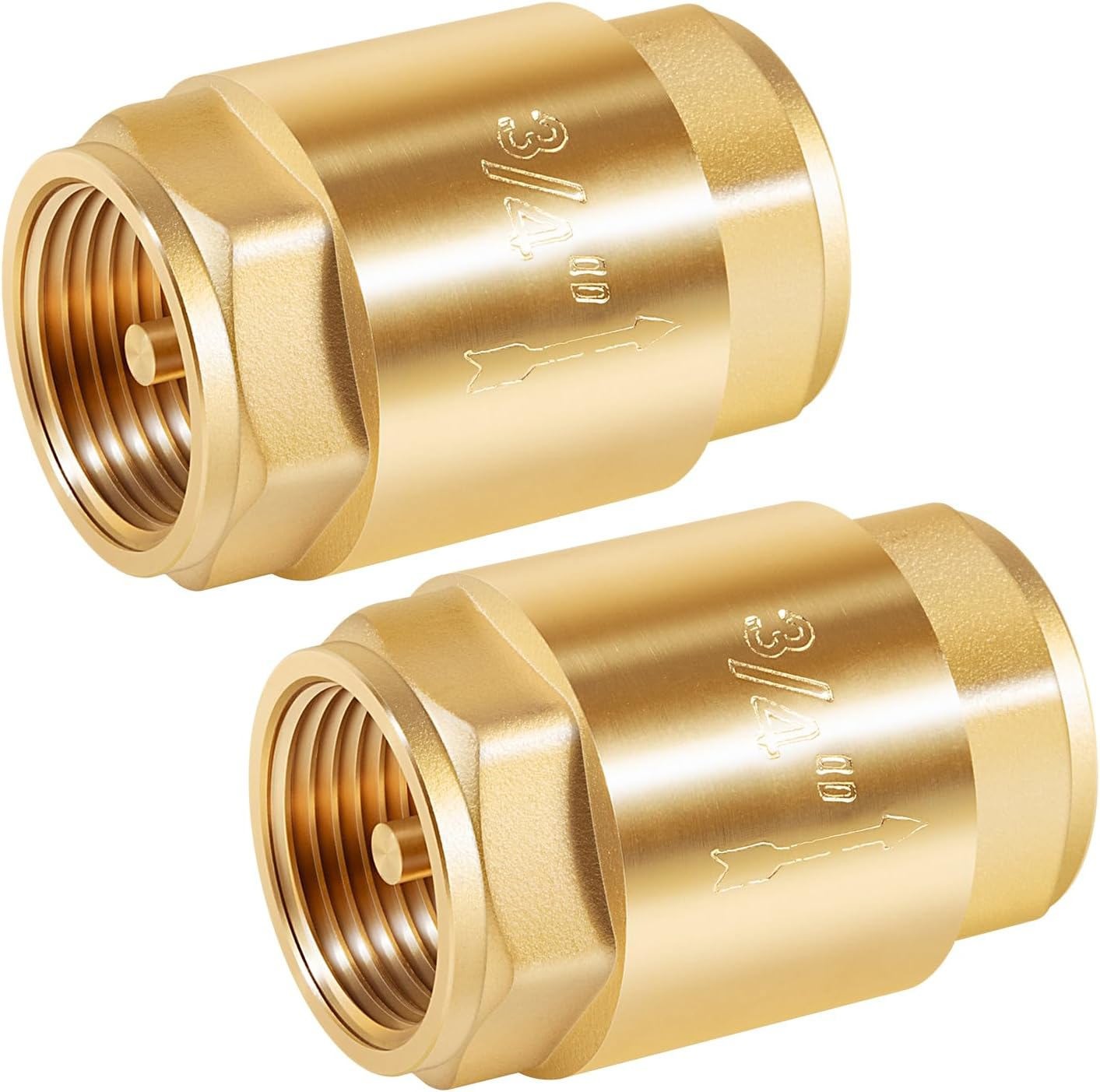 One Way Brass In-Line Check Valve, 3/4 Inch IPS for Water Supply System, 2 Pack