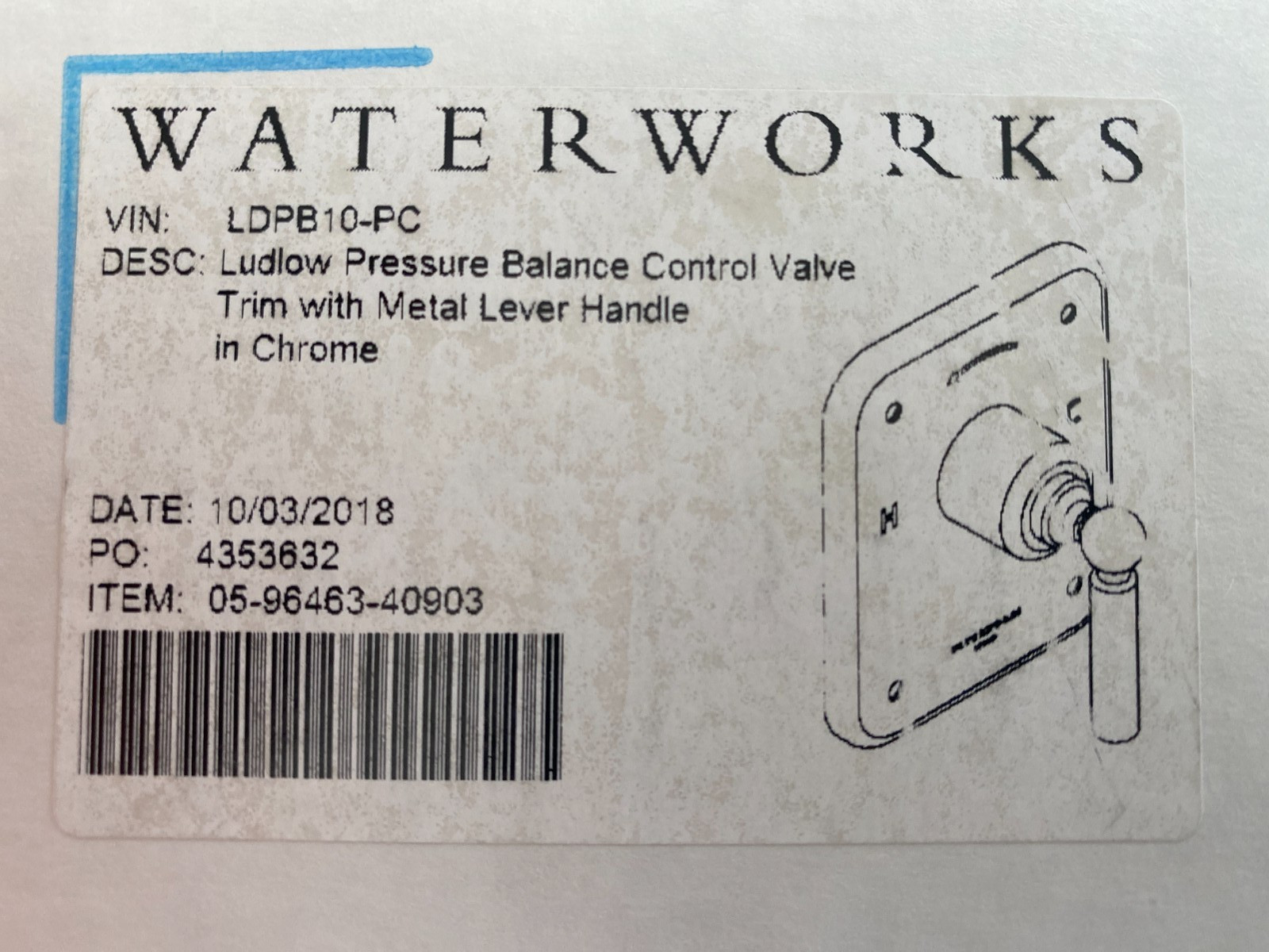 WATERWORKS LDPB10-PC Ludlow Pressure Balance Control Valve Trim Metal Lever