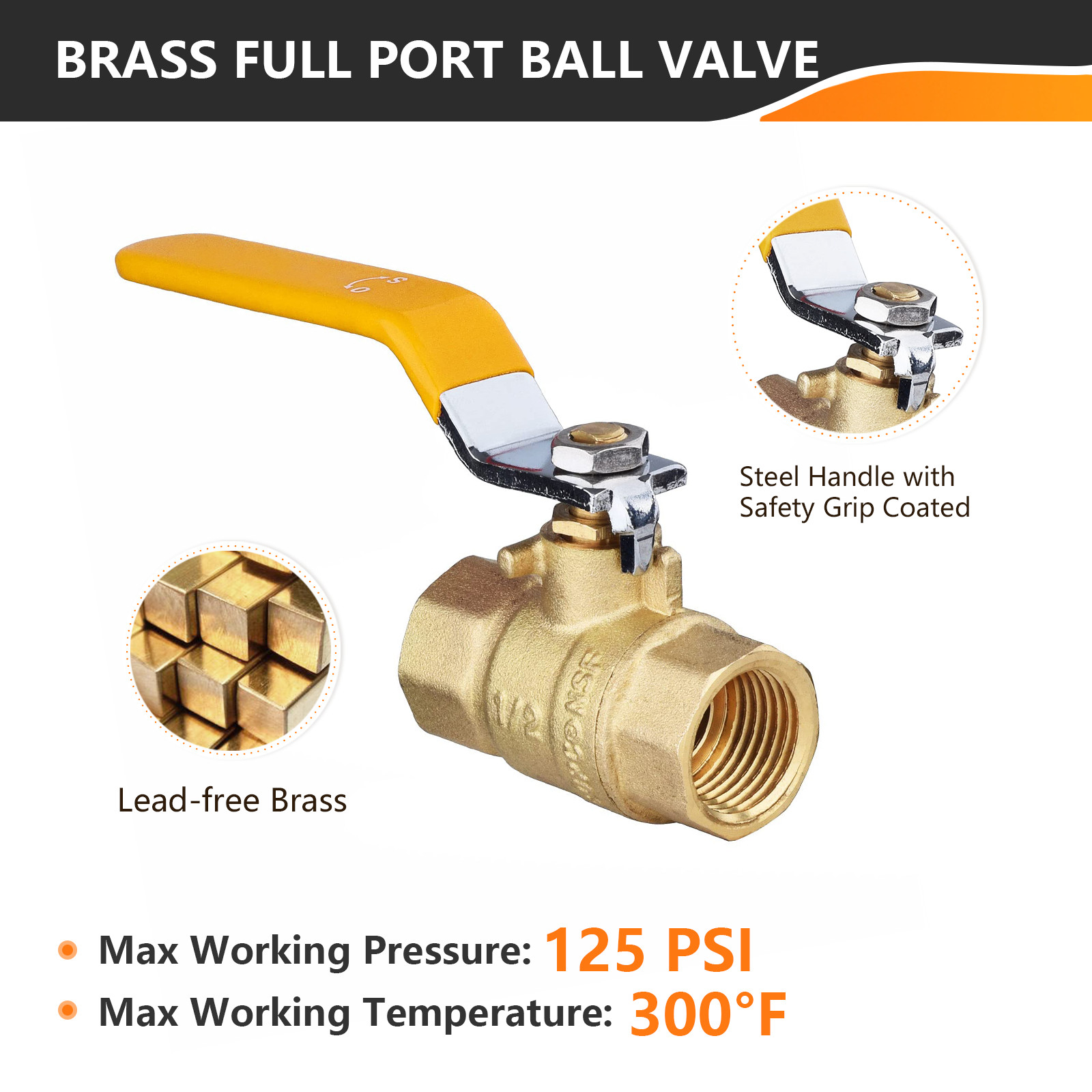 Brass Ball Valve FIP Threaded Yellow 3/4″or 1/2″ Female Full Port 600WOG NPT