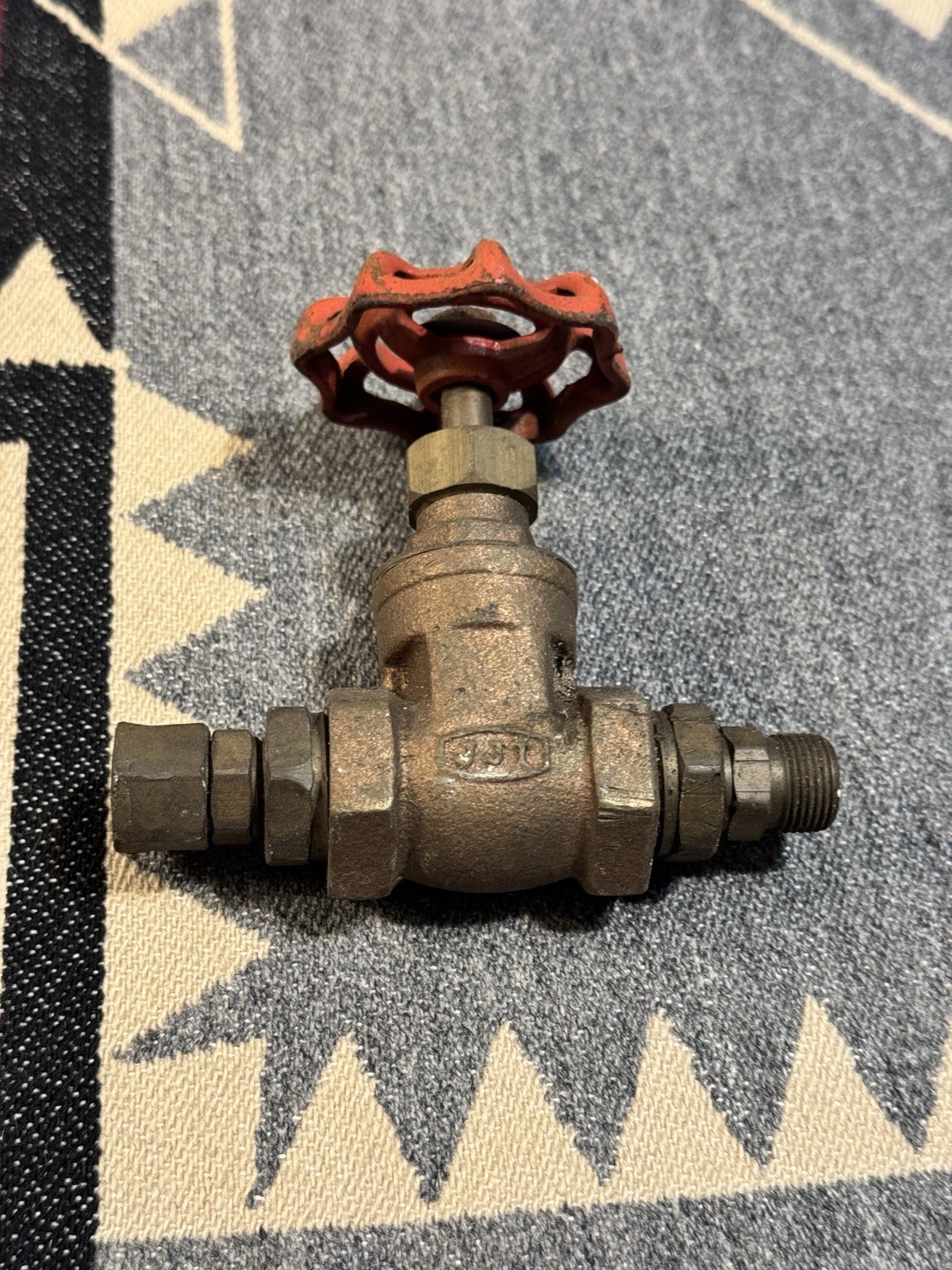 Vintage JJT 1/2″ Brass Gate Valve Red Handwheel Steampunk Decor