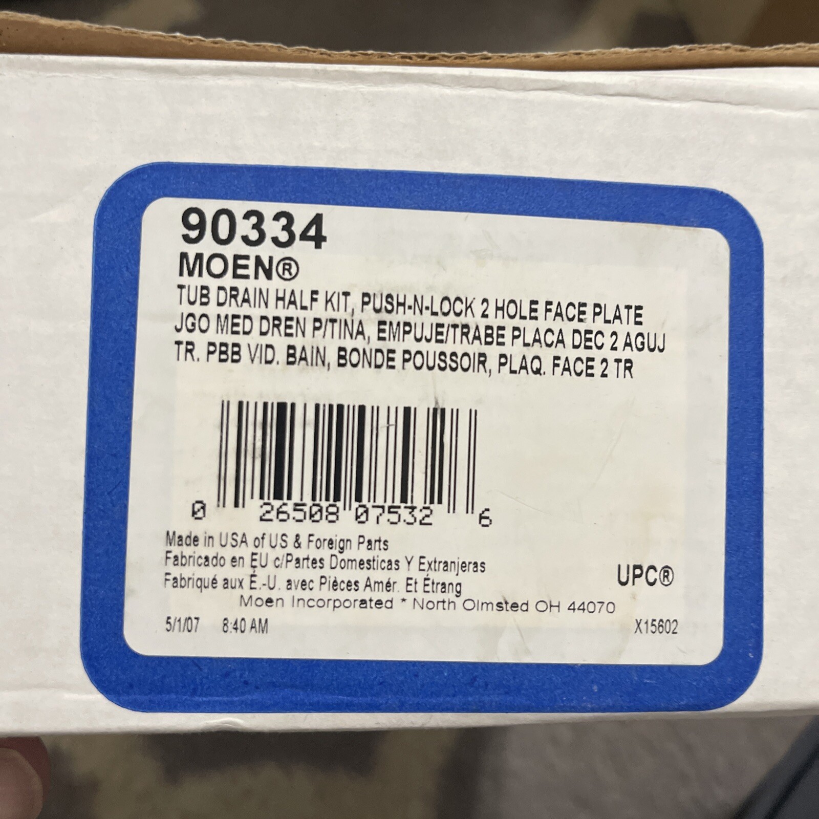 Moen 90334 Tub Drain Half Kit, Push-N-Lock, 2 Hole Face Plate Chrome Brand New