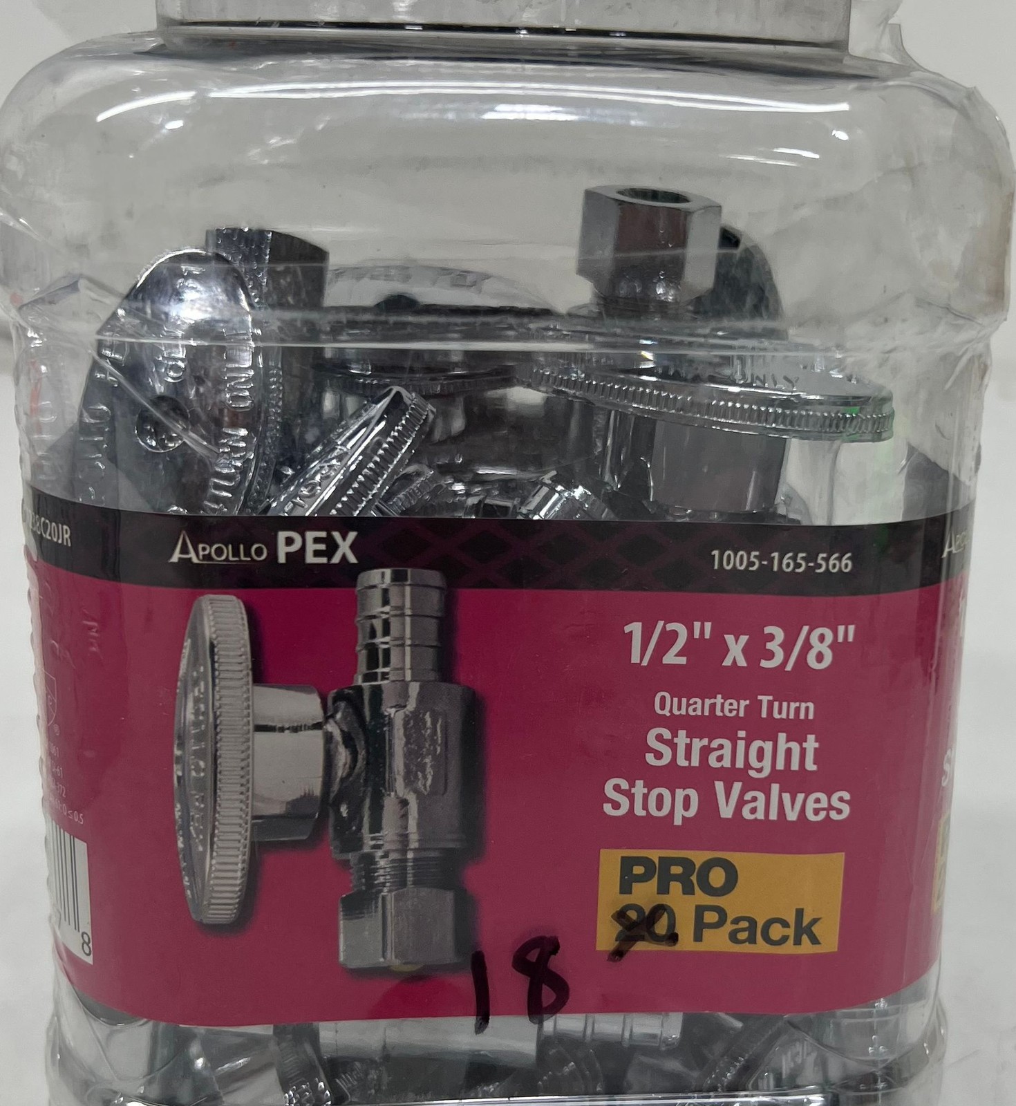 Apollo 1/2in.PEX-B Barb x 3/8in. Brass Quarter-Turn Straight Stop Valve 18Pk