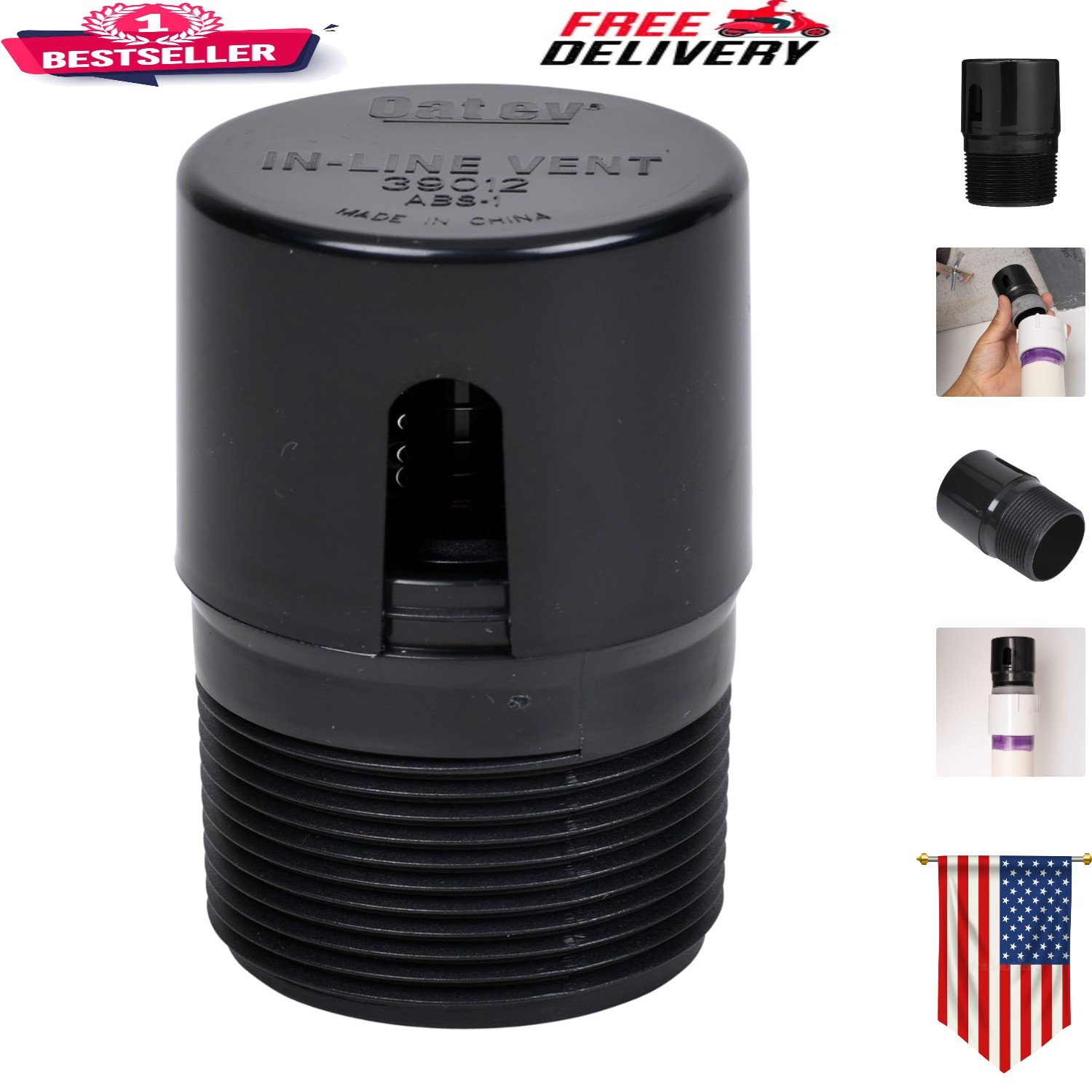 1.5 in. NPT Black ABS In-Line Vent for Superior Sewer Gas Prevention