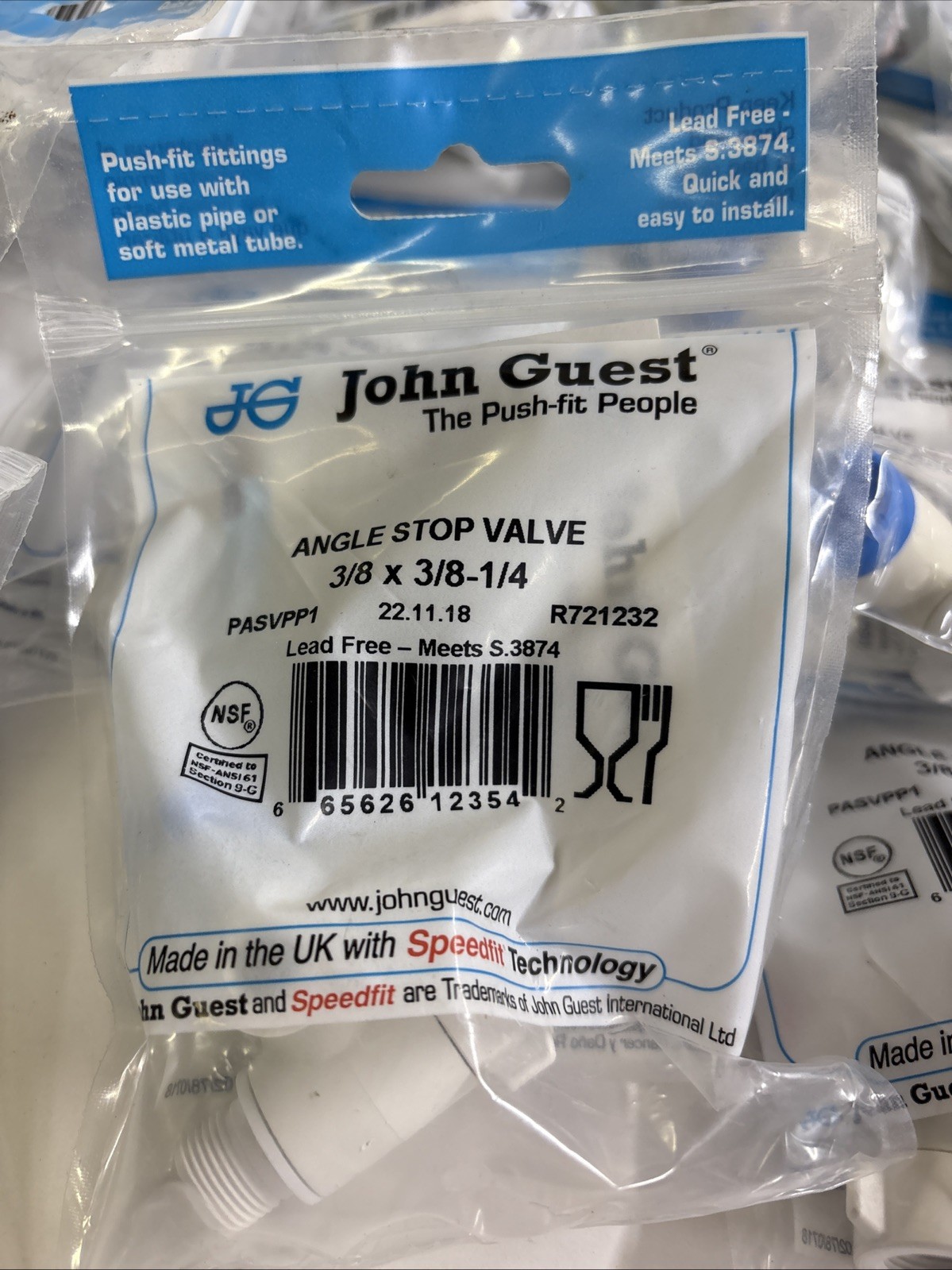 Lot Of 25 John Guest 3/8″ x 3/8”-1/4” Speedfit Angle Stop Adapter Valve PASVPP1
