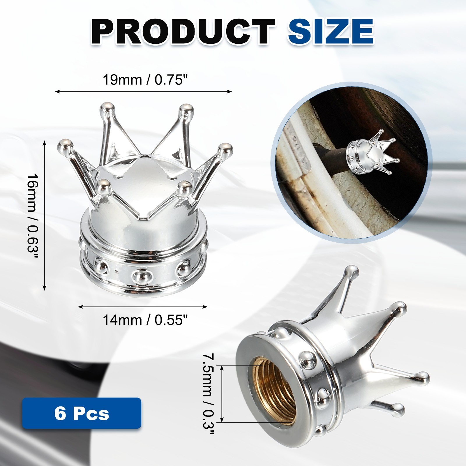 6Pcs Crown Style Tire Valve Stem Caps ABS Plastic Air Caps Cover, Silver