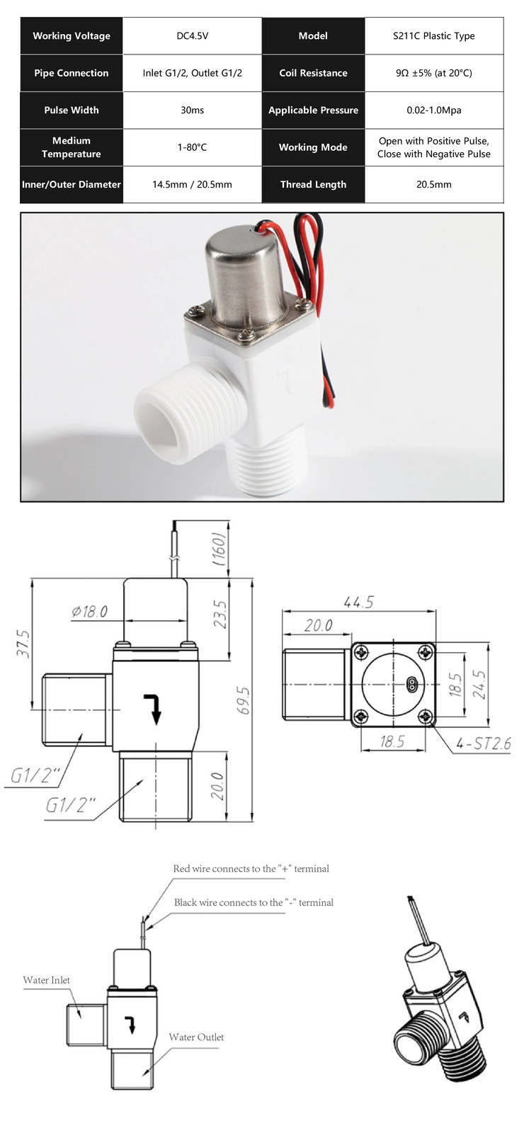 Automatic Urinal Flush Valve DC4.5V G1/2 Latching Solenoid Sensor Controller