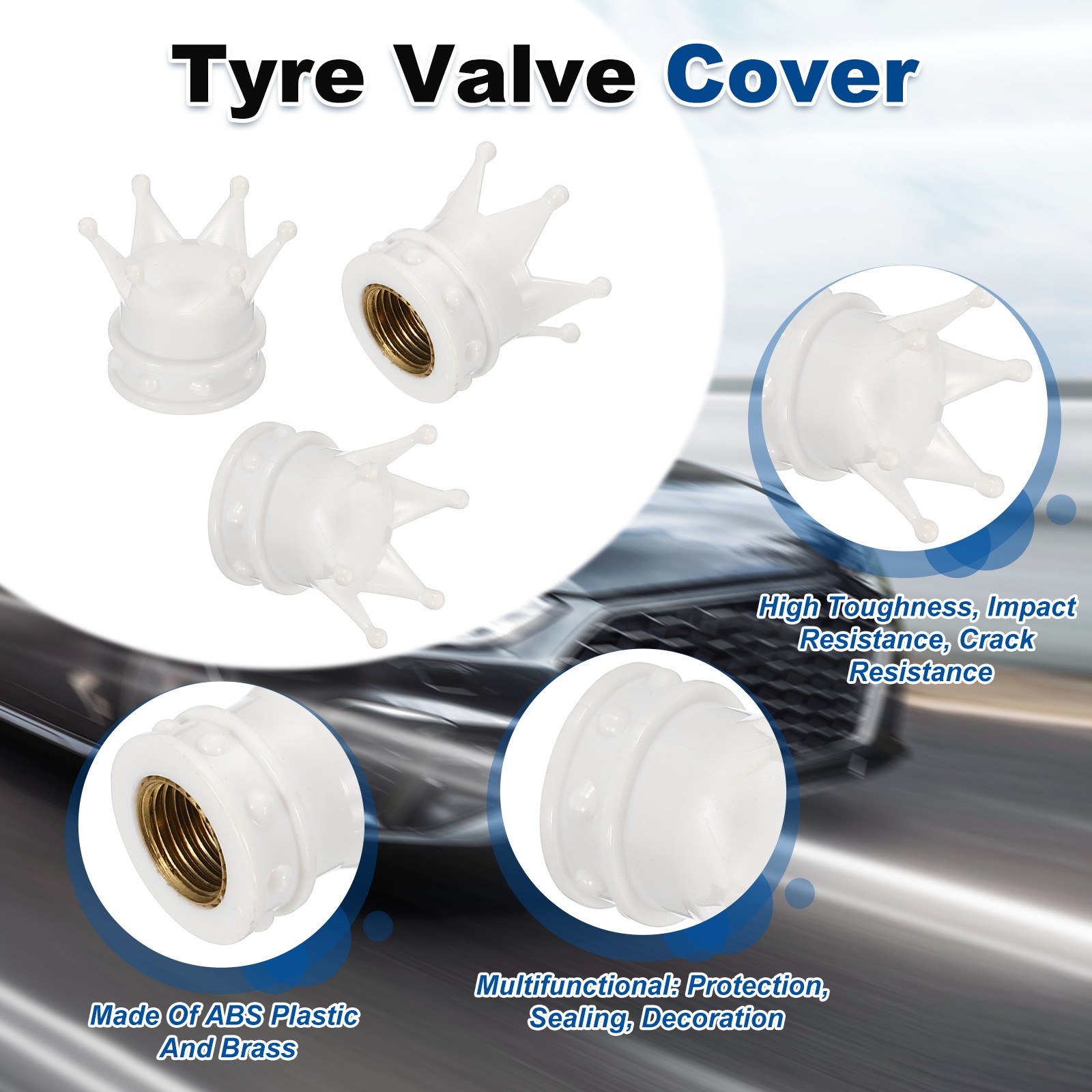 8Pcs Crown Style Tire Valve Stem Caps ABS Plastic Air Caps Cover, White