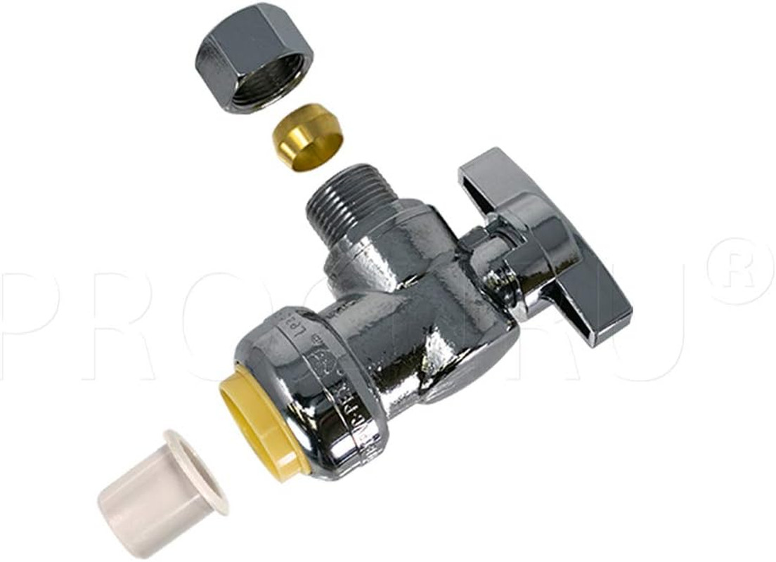 Pushfit Angle Stop Valve 1/2″ X 3/8″ OD Comp, Quarter-Turn Push-To-Connect Brass