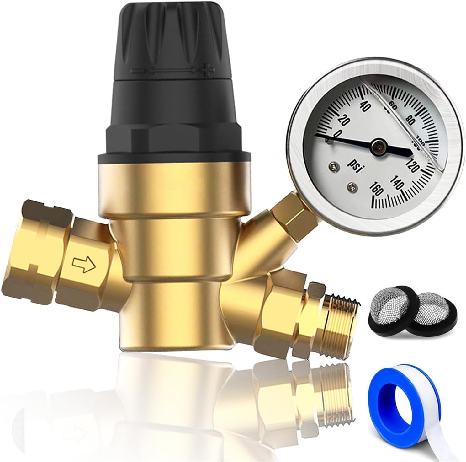 RV Water Pressure Regulator Brass Lead Free with Gauge Filter & Adjustment Knob