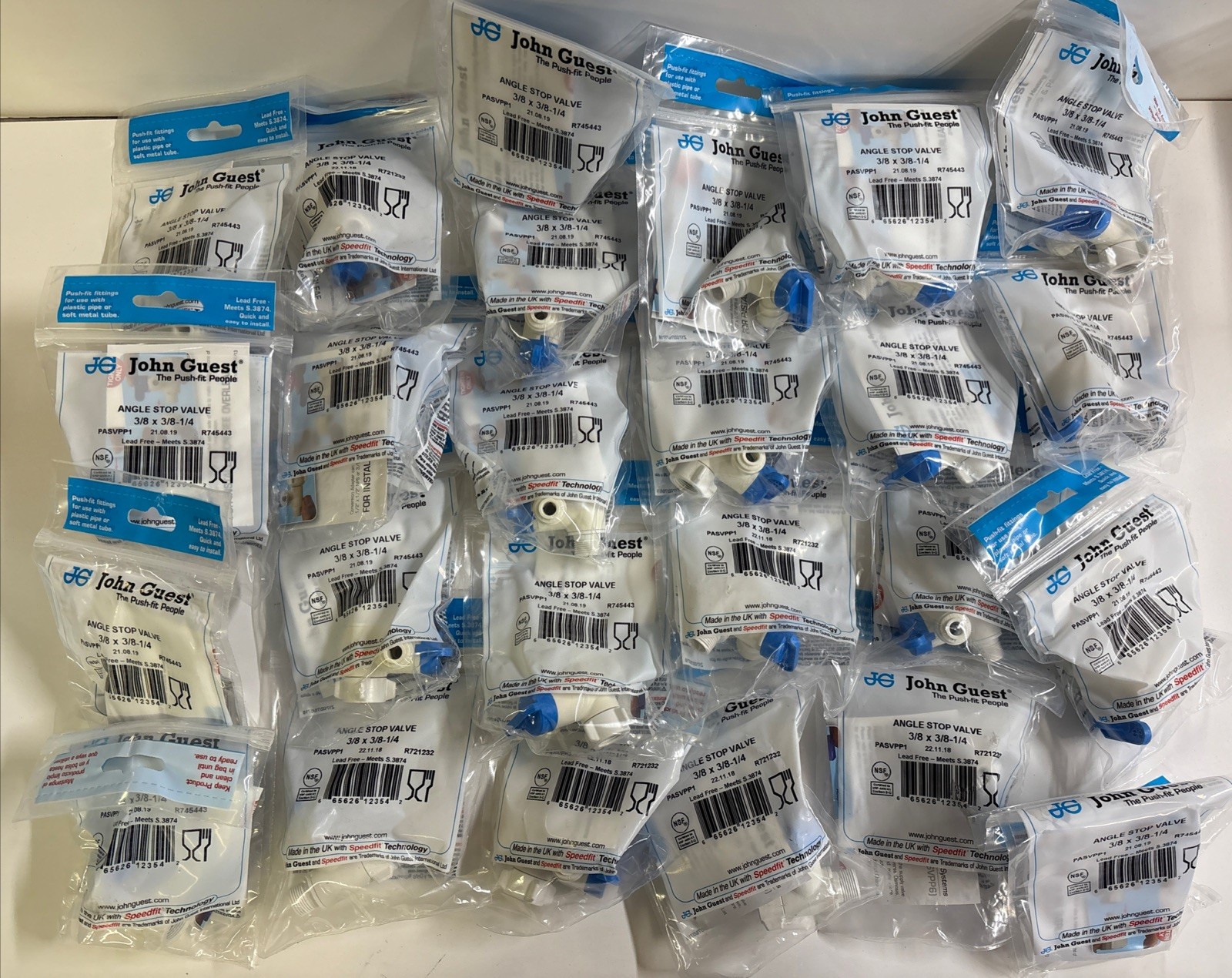 Lot Of 25 John Guest 3/8″ x 3/8”-1/4” Speedfit Angle Stop Adapter Valve PASVPP1