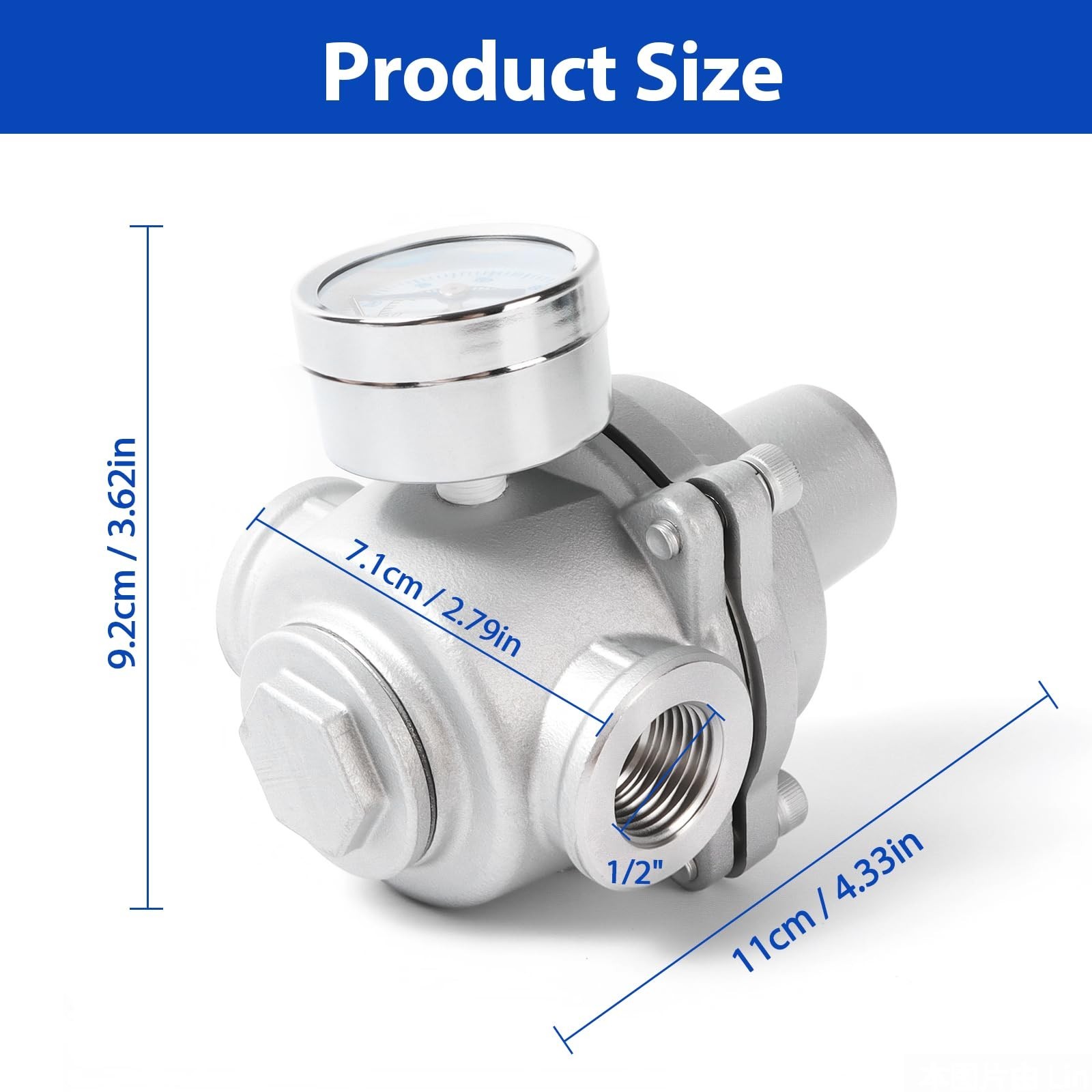 Adjustable Water Pressure Regulator Valve with Gauge, 1/2″ NPT, 304 Stainless St