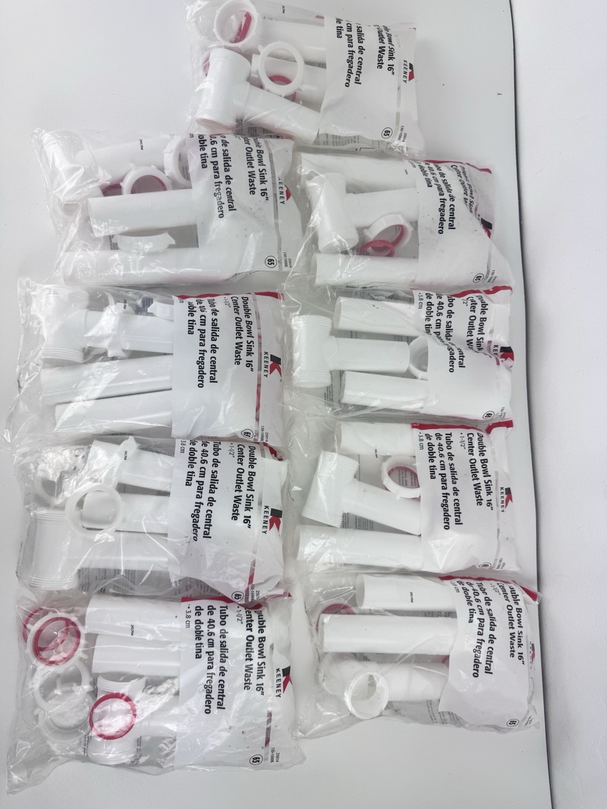 9 Pack Keeney 1-1/2″ x 16″ White Polypropylene Center Outlet Waste 130A-16WK