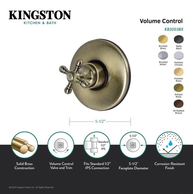 Kingston Brass KB3002BX Volume Control, Polished Brass OPEN BOX
