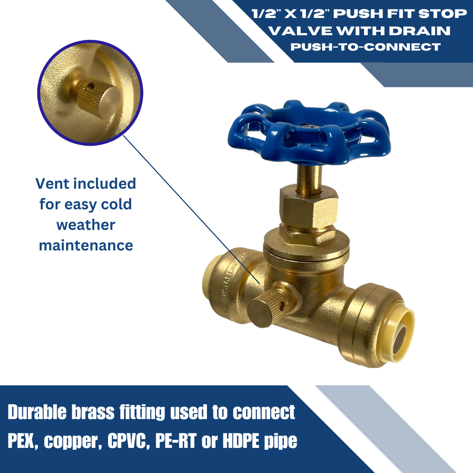 1 Piece XFITTING 1/2″ Push Fit Stop Valve with Drain and Vent, 2-5-1=1