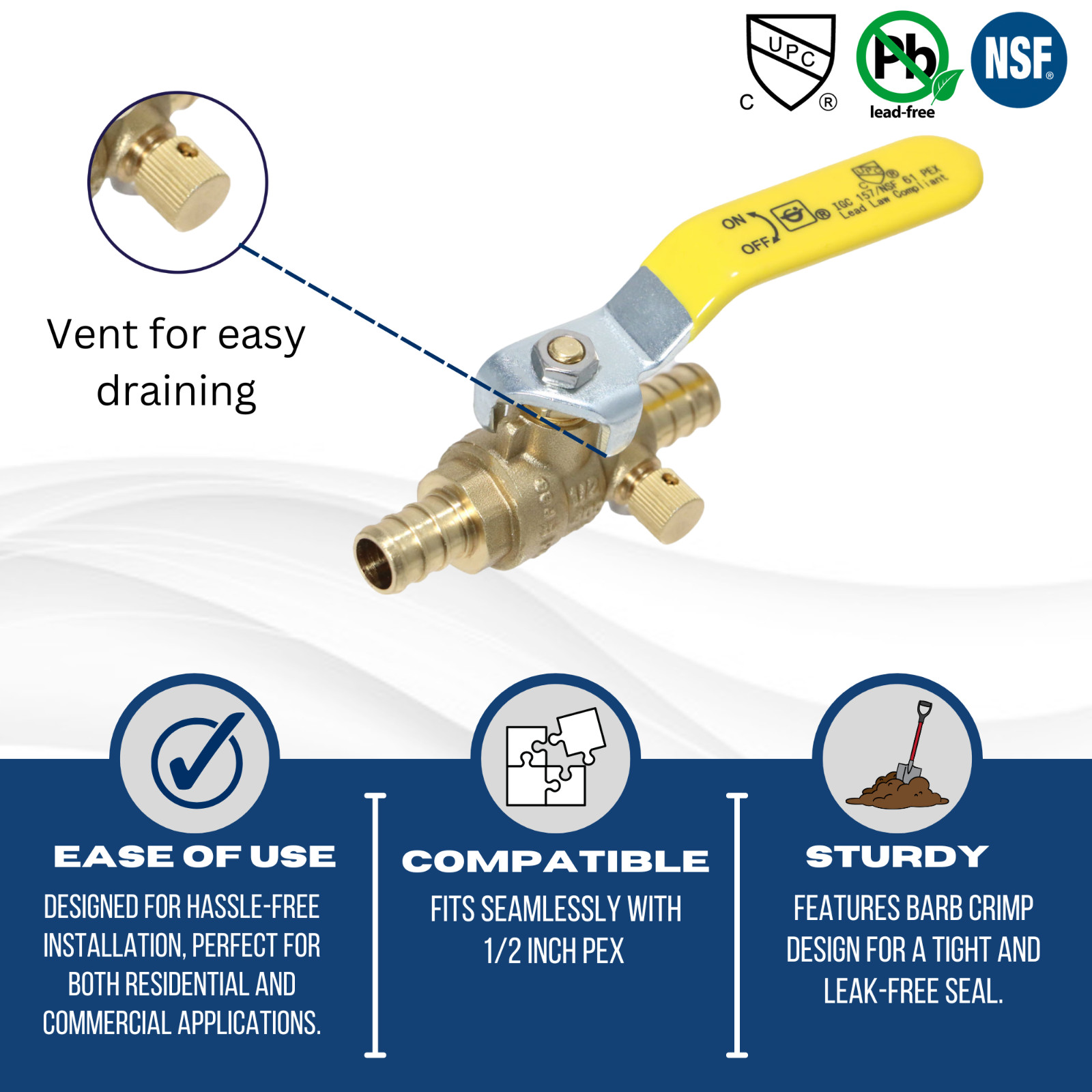 1 Pc. XFITTING 1/2″ Pex Ball Valve with Drain, Pex B, Lead Free Brass, 24-3-6=1