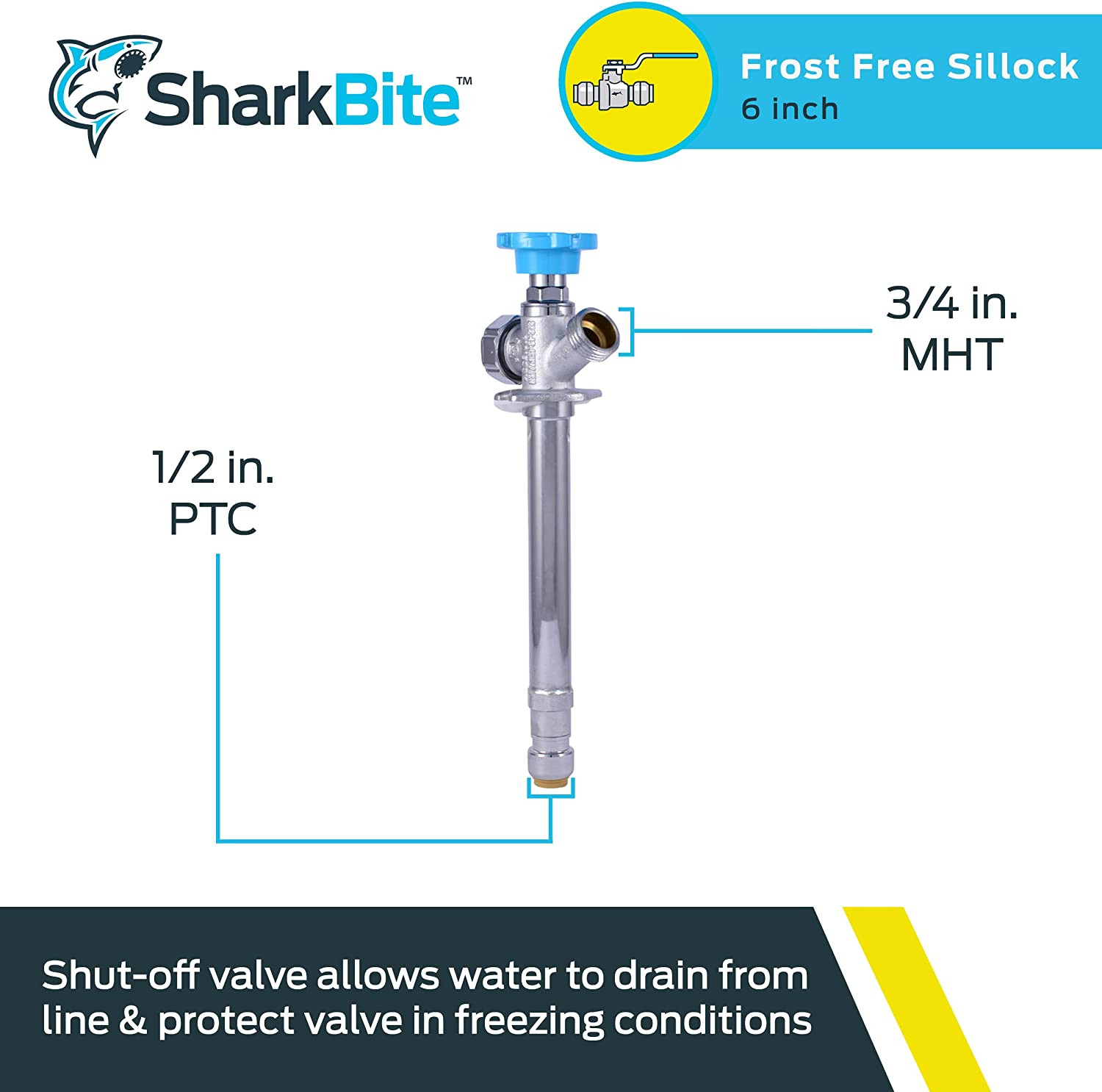 6 Inch Frost Free Sillcock, 1/2 X 3/4 Inch MHT, Push to Connect Brass Plumbing F