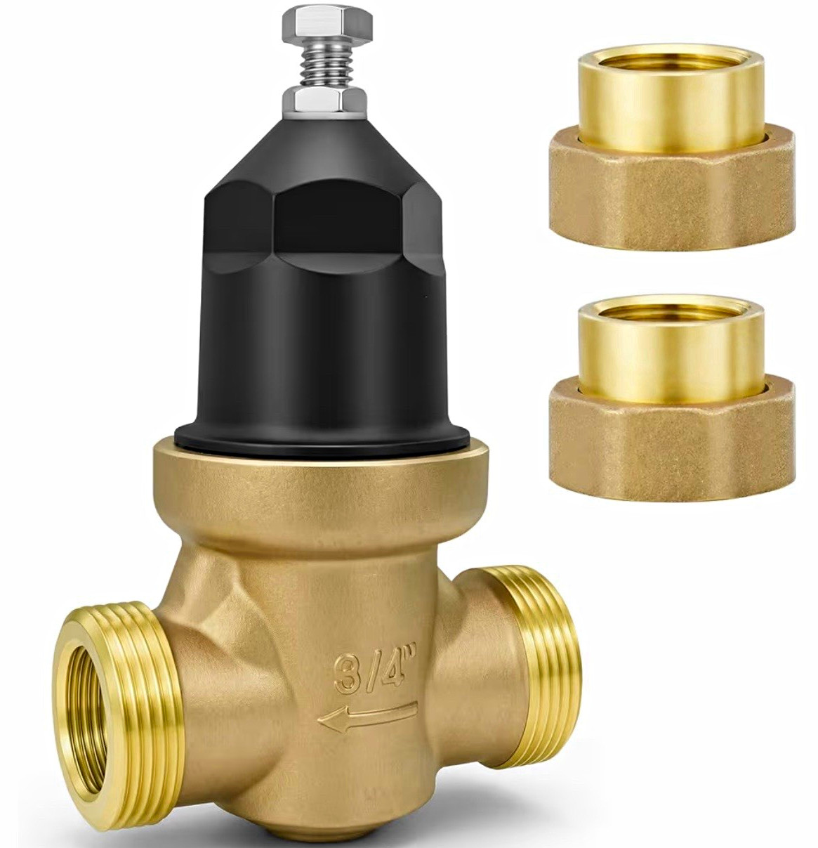 698- Adjustable 3/4 iBrass Water Pressure Regulator Valve 15-75 PSI w/ Unions
