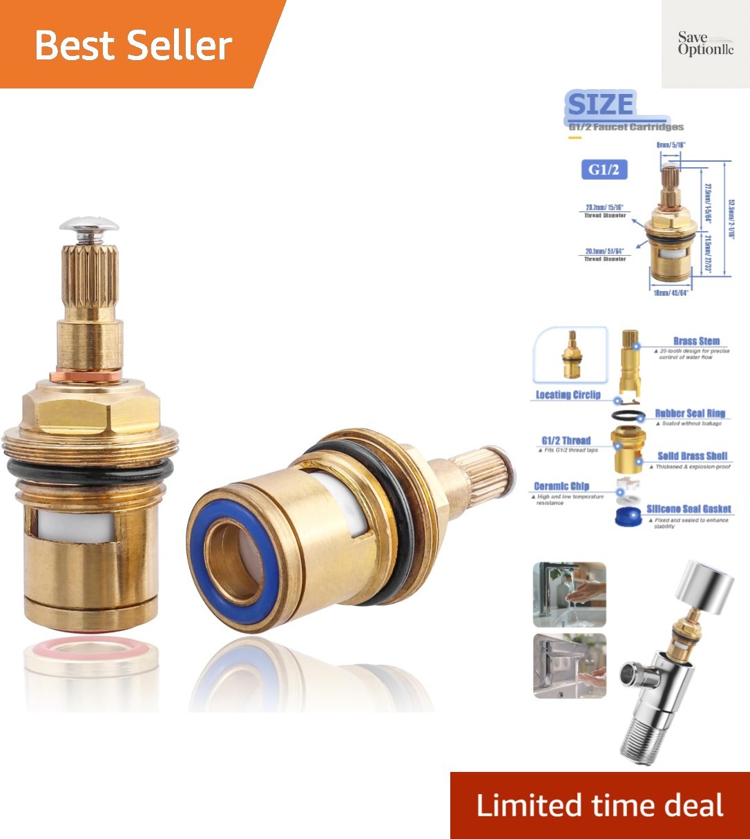1 Pair Faucet Cartridges Replacement, Brass Ceramic Disc Stem Cartridge Fauce…