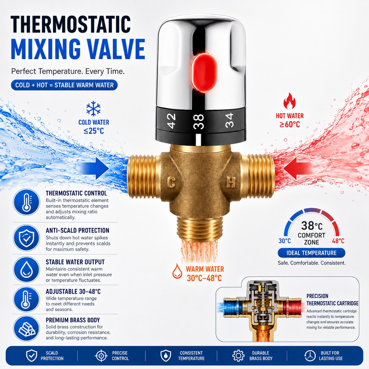Brass Thermostatic Tempering Valve Bathroom Faucet Shower Mixer Control Tap