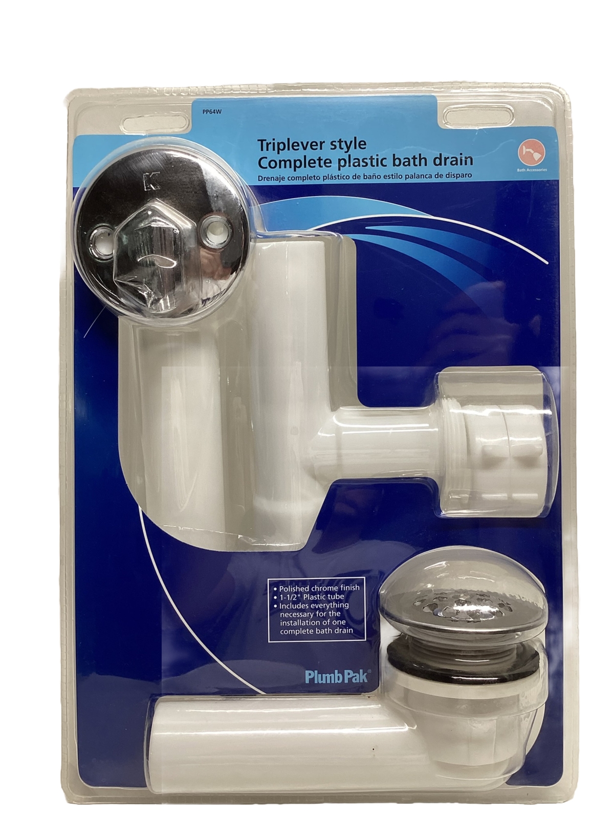 Plumb Pak PP64W Polished Chrome Plastic White Bath Drain Assembly 1-1/2 in.