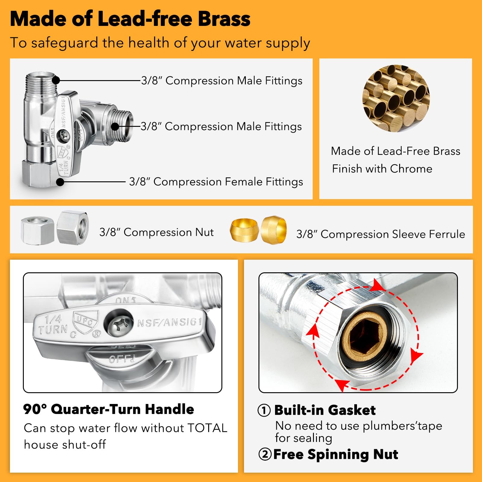 3/8″ Brass Compression Angle Stop Valve, Water Line Splitter Connector Tee fo…