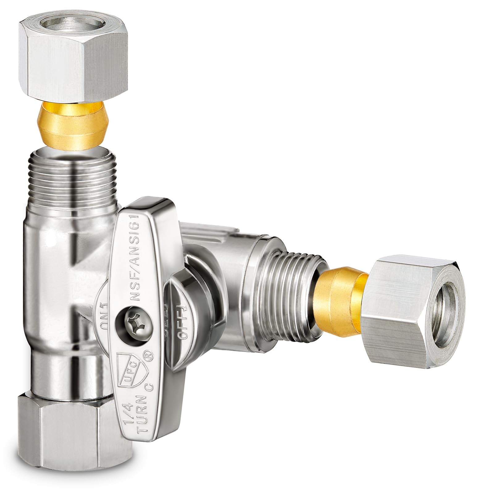 3/8″ Brass Compression Angle Stop Valve, Water Line Splitter Connector Tee fo…