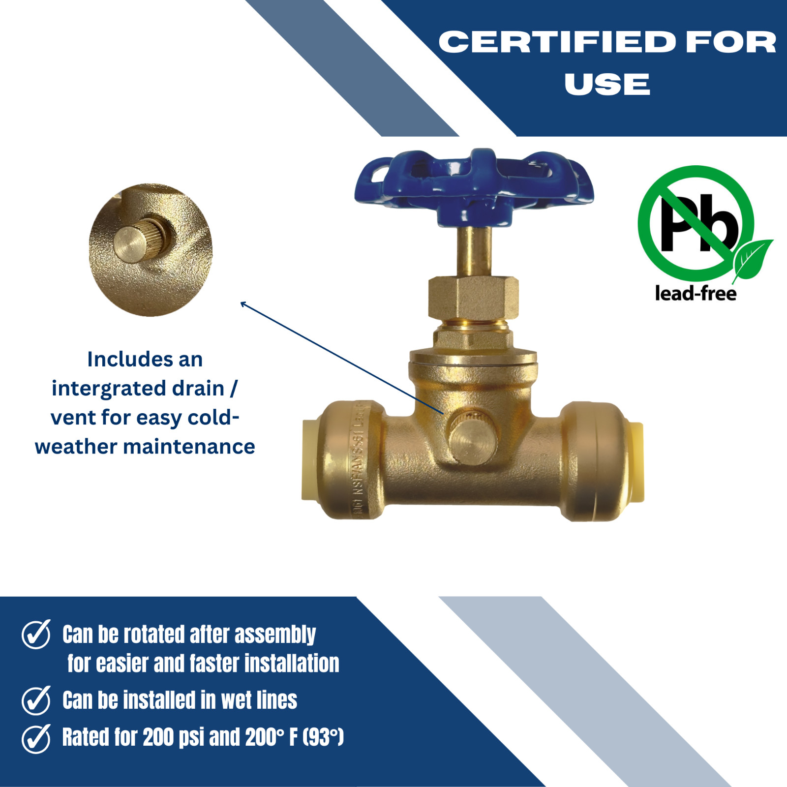 1 Piece XFITTING 1/2″ Push Fit Stop Valve with Drain and Vent, 2-5-1=1
