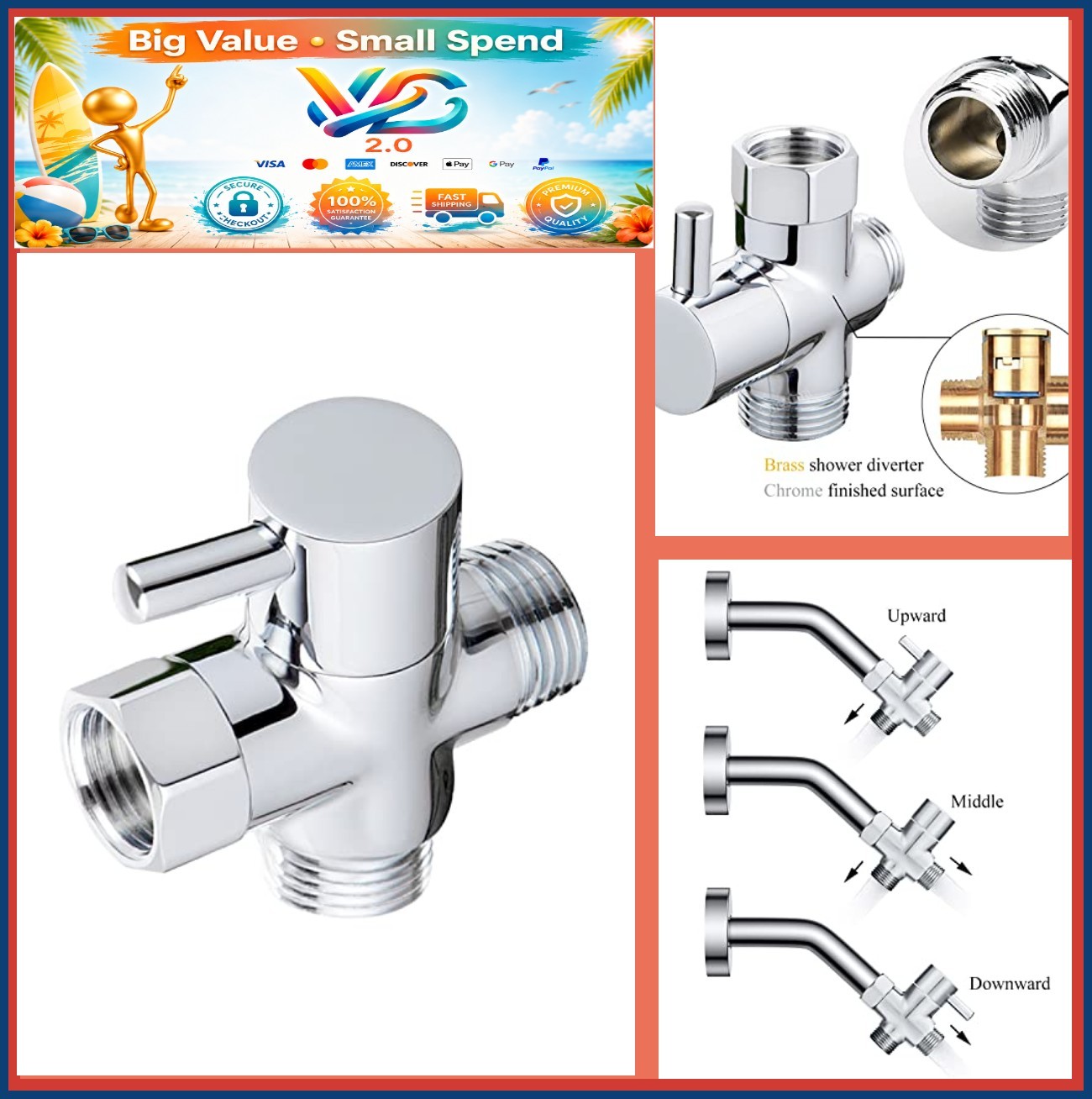 Solid Brass 3-Way Shower Diverter Valve Chrome G1/2 Inlet Dual Outlet