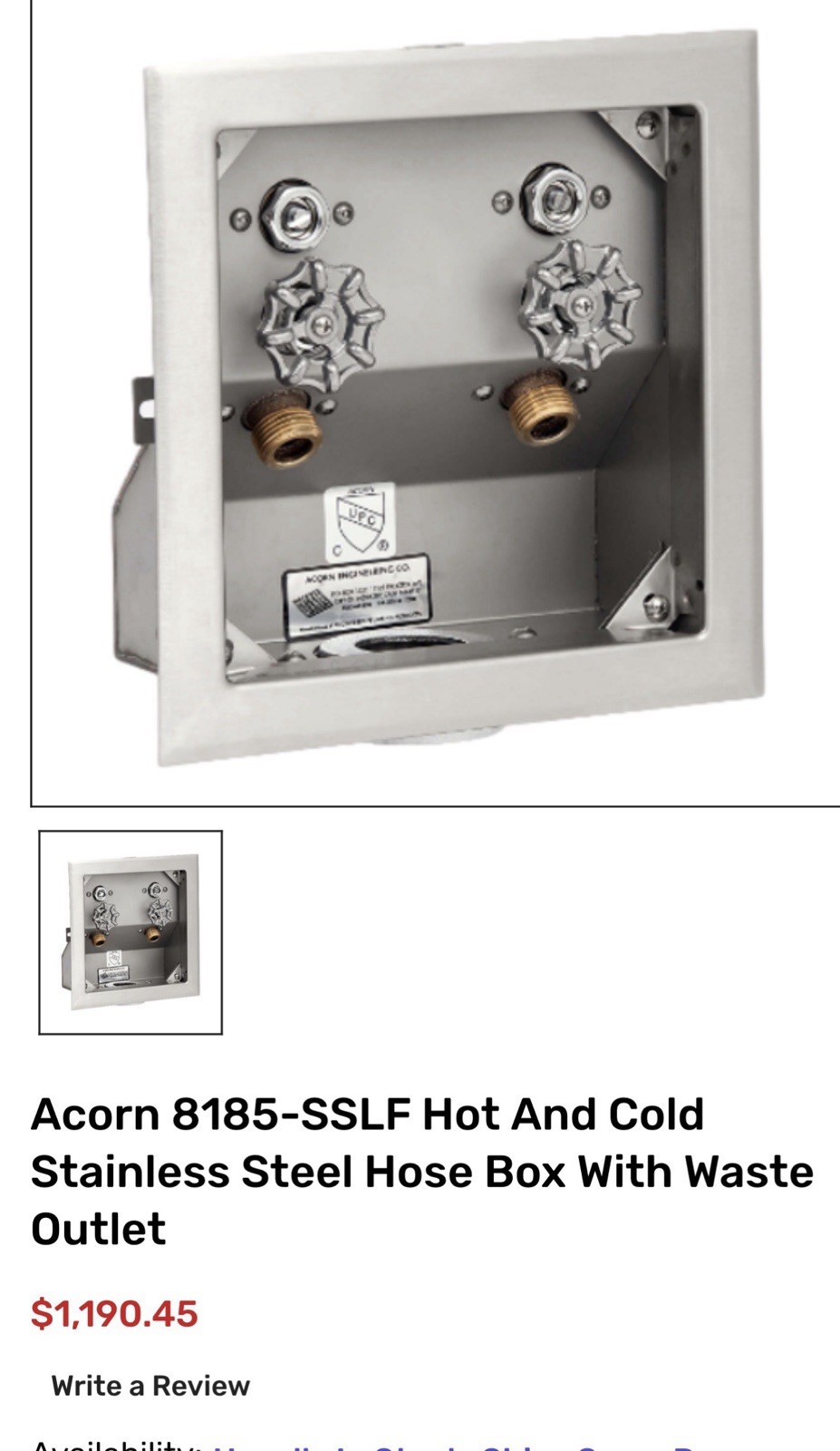 Acorn 8185 SSLF Hot And cold Stainless Steel Hose Box With Waste Outlet NEW