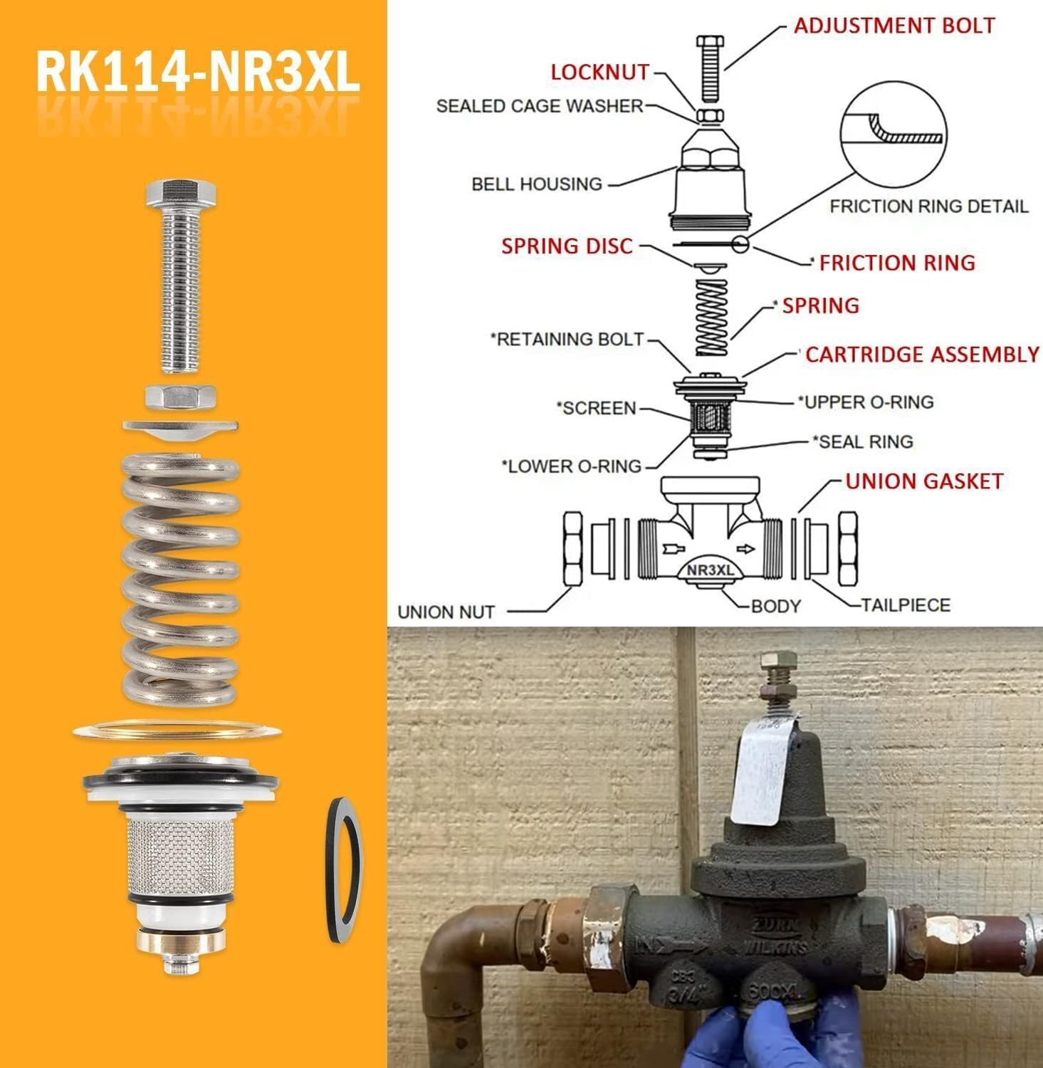 for Zurn Wilkins RK114-NR3XL Pressure Reducing Valve Repair Kit 1-1/4″ NR3XL NR3