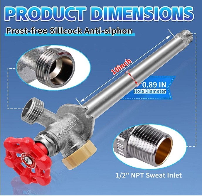 10″ Anti‑Siphon Frost Free Sillcock No Lead Brass 1/2 NPT × 3/4 GHT Water Spigot