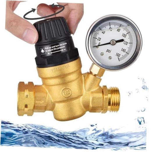 RV Water Pressure Regulator Valve with Handle Adjustable, Silicone Oil Gauge,