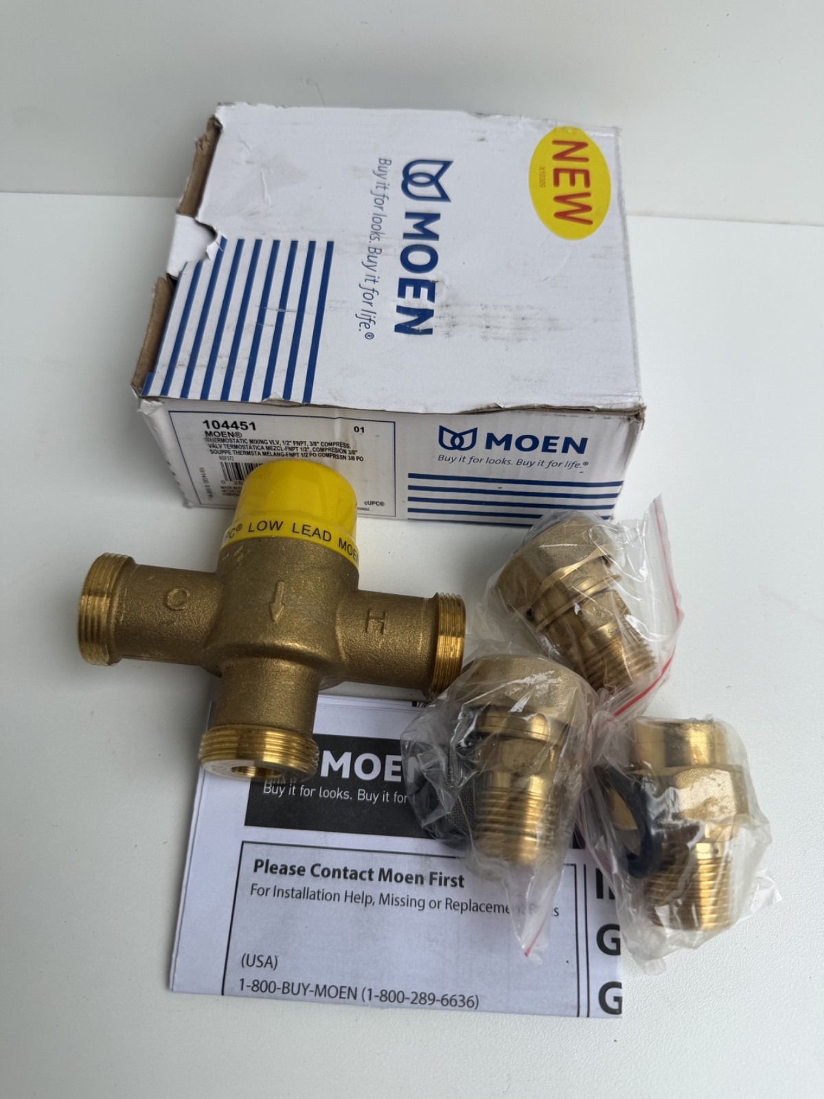 Moen 104451 LowFlow Thermostatic Mixing Valve 1/2″ IPS, 3/8″ Compression Adapter