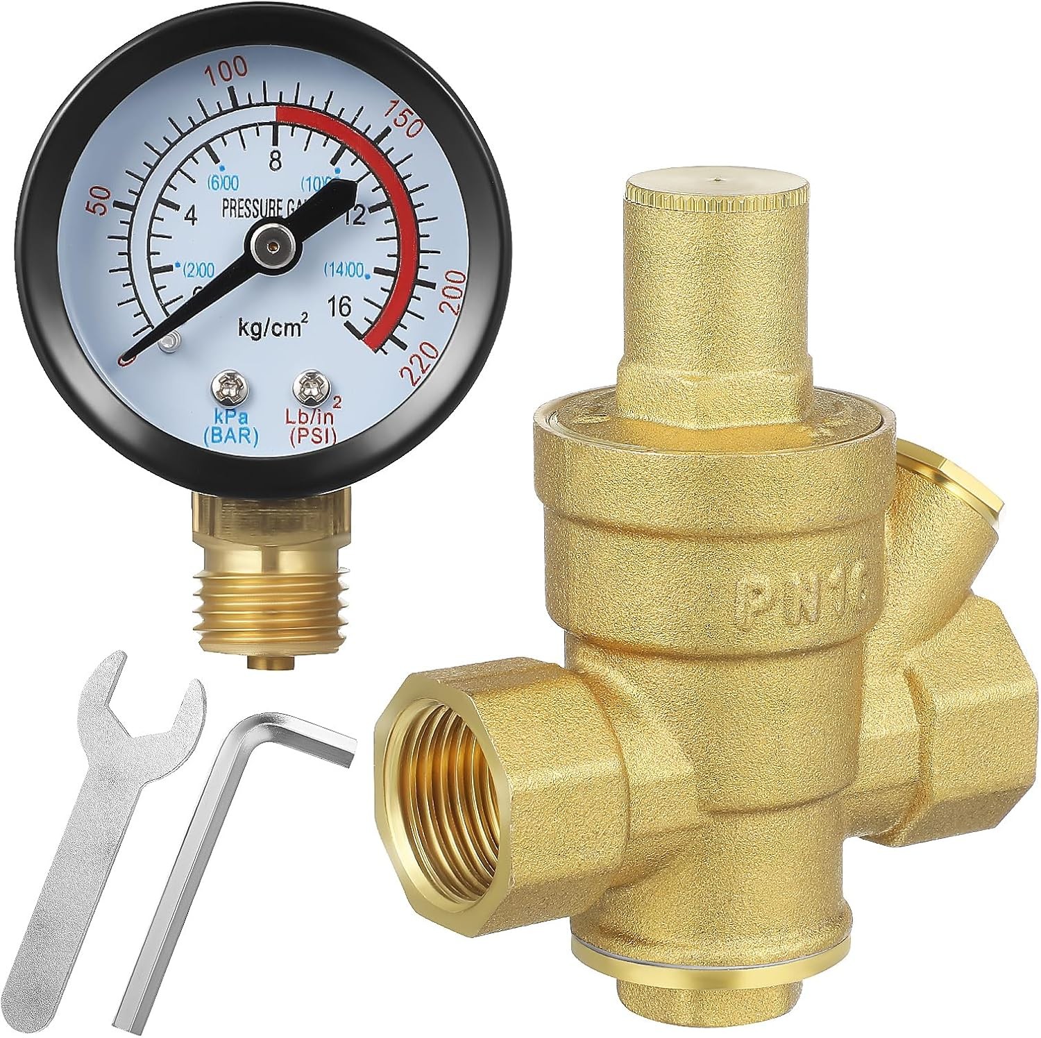 PartyKindom 1/2″ Brass Water Pressure Regulator Valve with Gauge, DN15 Adjustabl