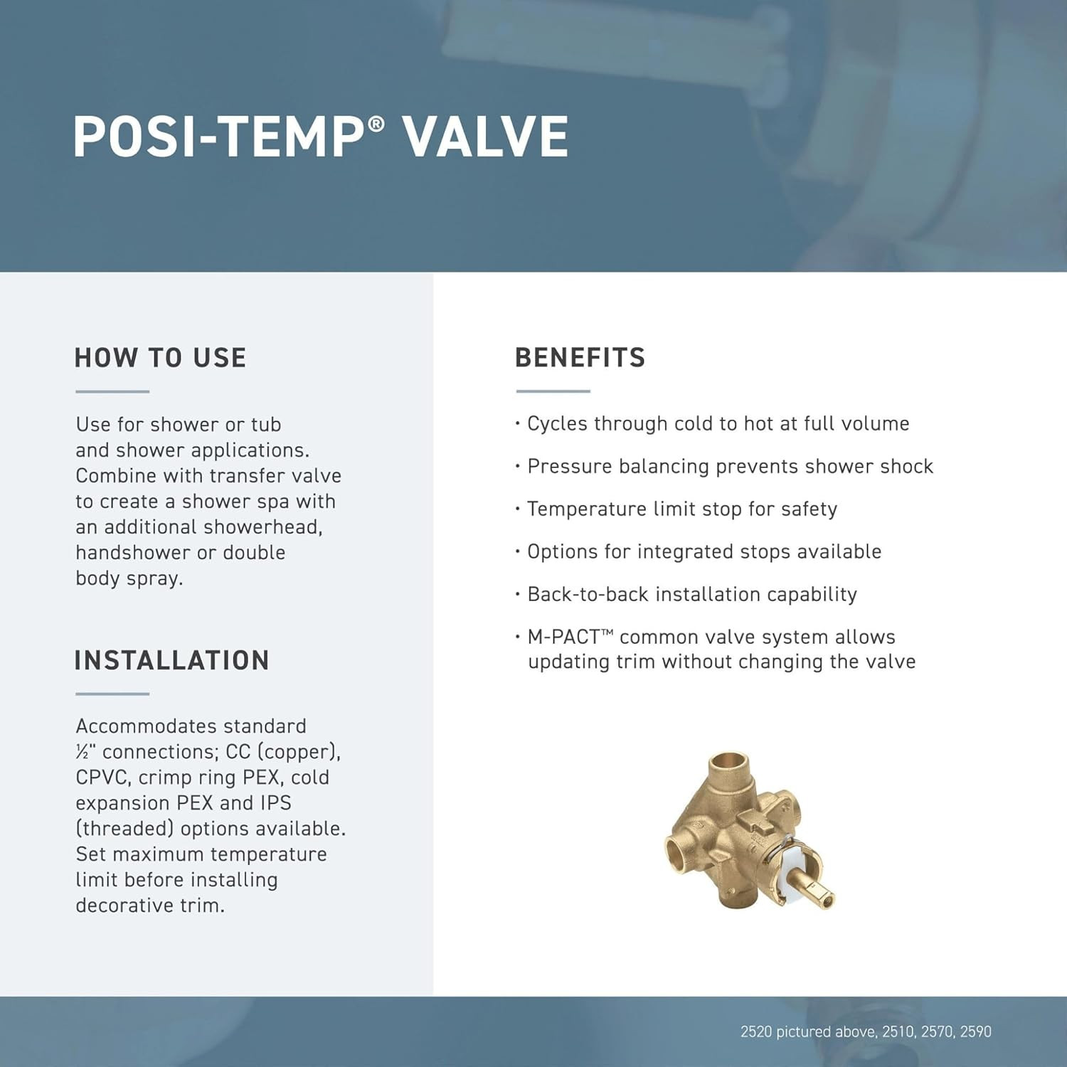 Moen M Pact Positemp Pressure Balancing Brass Tub and Shower Valve with IPS Conn